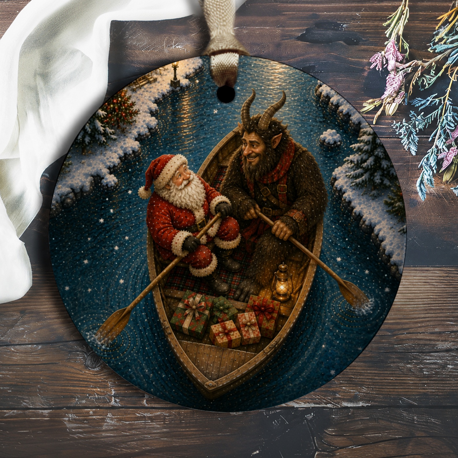 Santa And Krampus Christmas Ornament Holiday Decor Festive Winter Scene Unique Gift Idea For Christmas Tree Decoration O2658