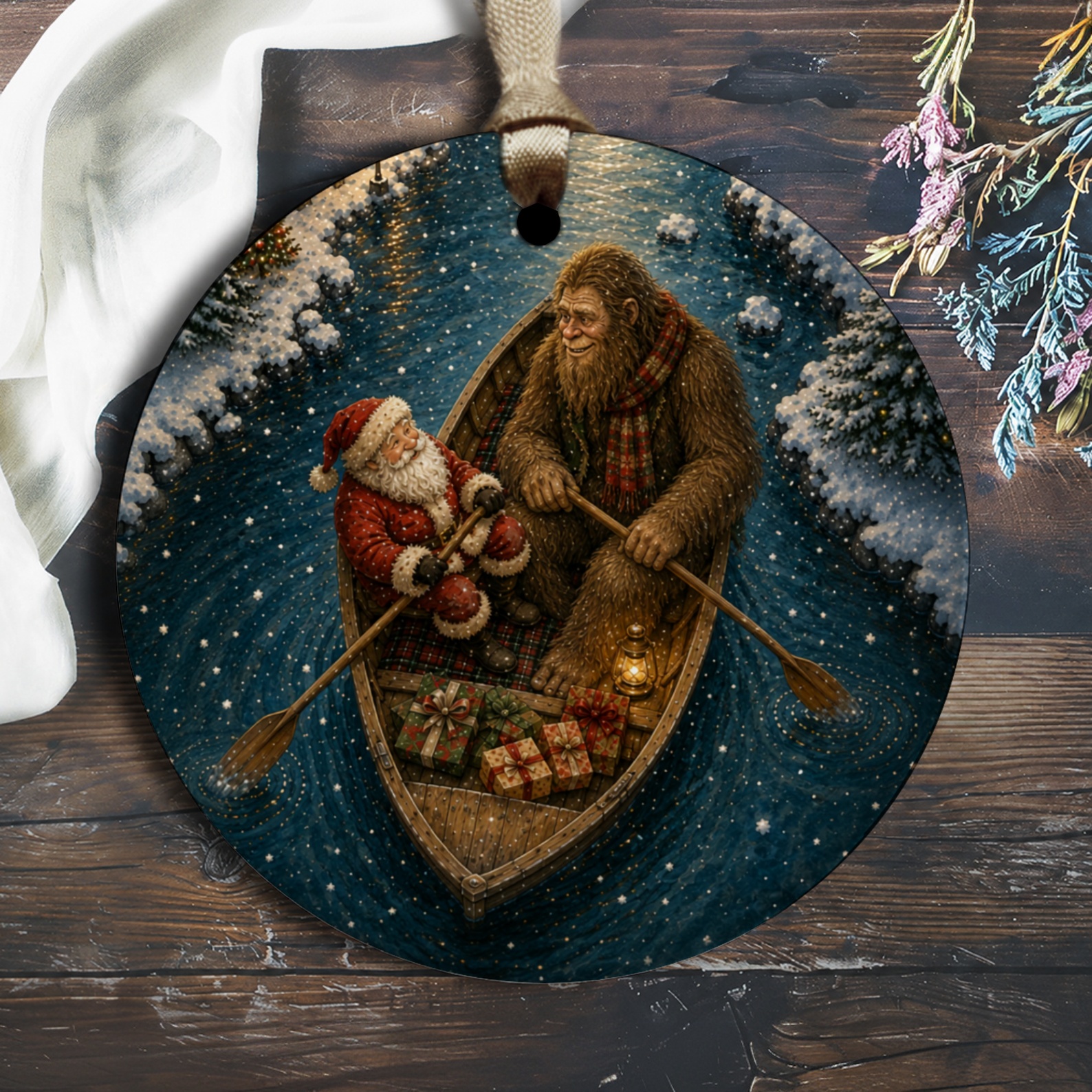 Santa And Bigfoot Christmas Ornament Holiday Decor Winter Scene Festive Gift Unique Tree Decoration For Christmas Lovers O2665