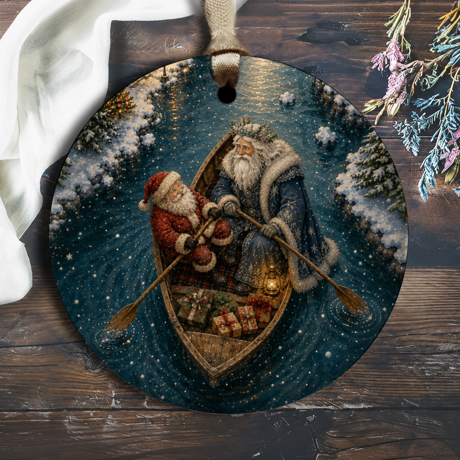 Santa And Father Christmas Ornament Festive Holiday Decor Winter Wonderland Scene Christmas Tree Decoration Gift O2669