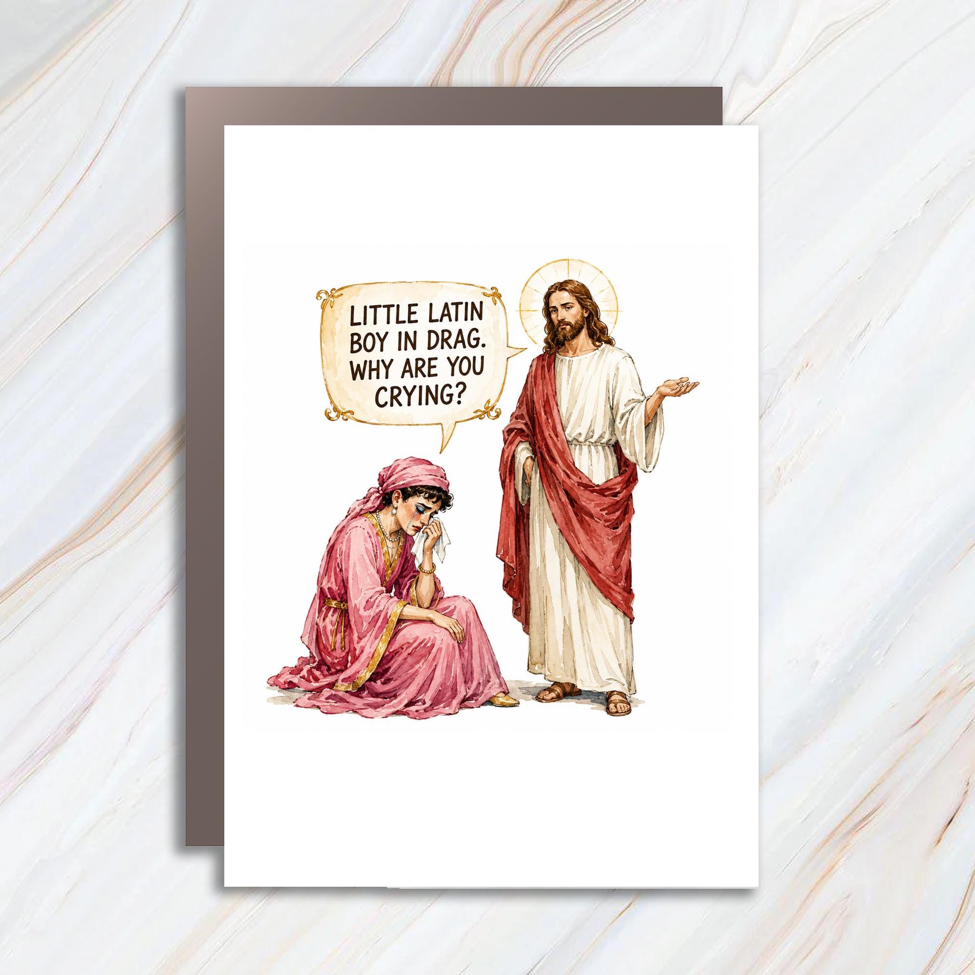 Little Latin Boy In Drag. Why Are You Crying? Funny Everyday Card Greeting Card Lgbtq+ Support Unique Art C1683