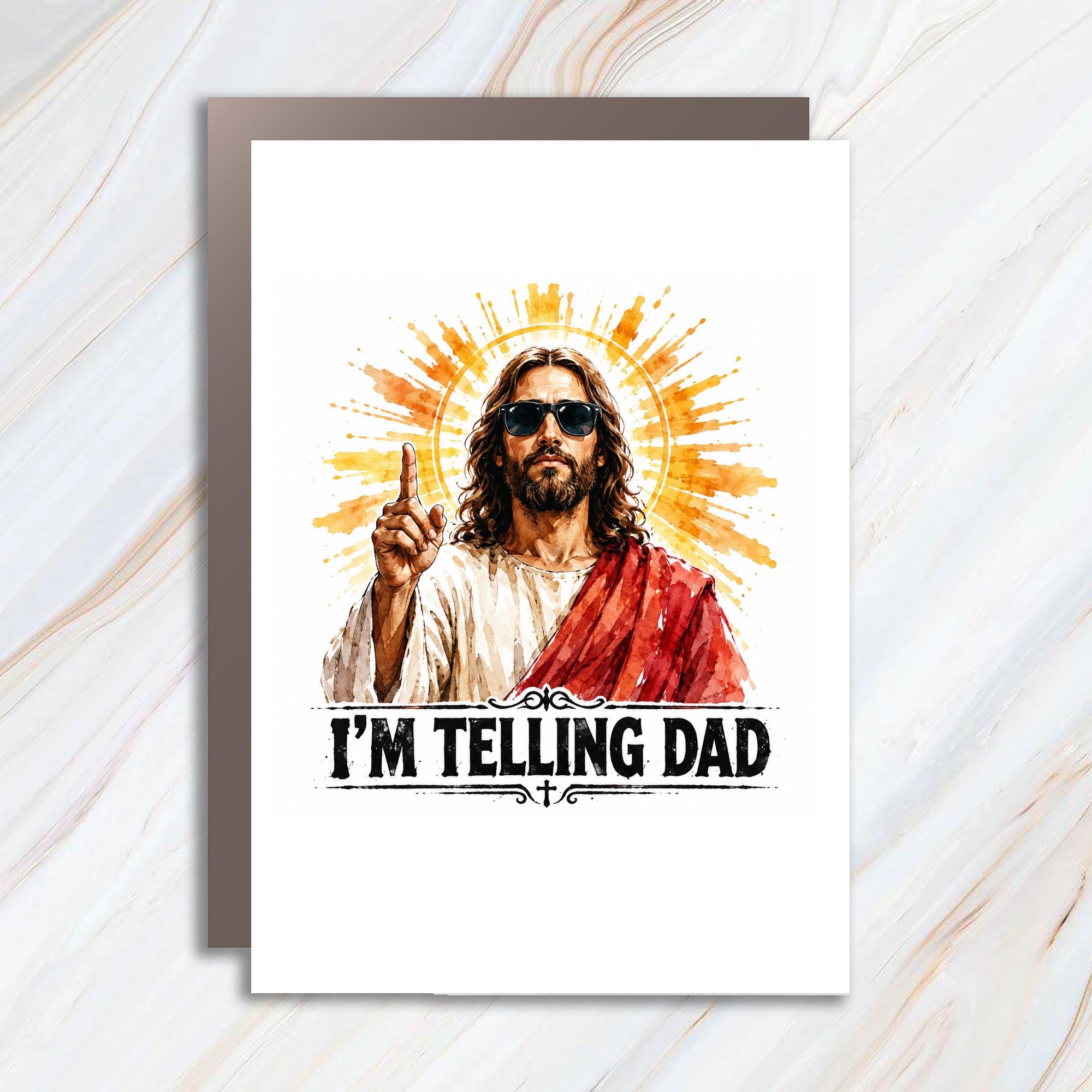 I'm Telling Dad Funny Christmas Card Jesus With Sunglasses Religious Holiday Card Christian For Dad Unique Greeting Card C1684