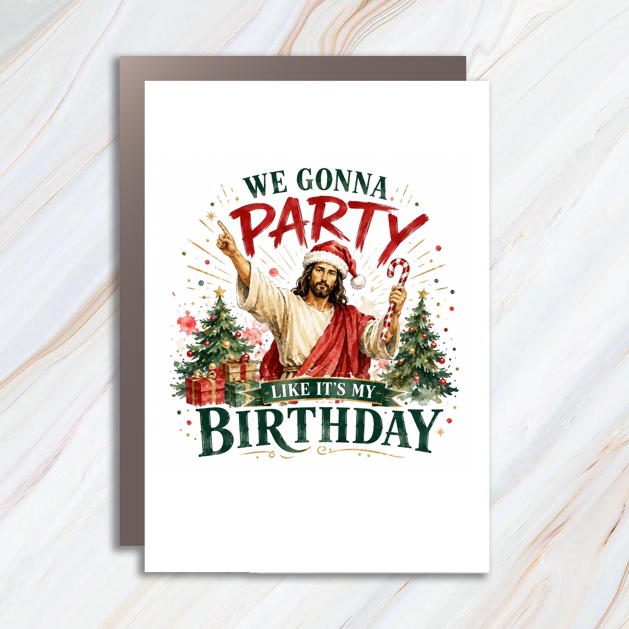 We Gonna Party Like It's My Birthday Funny Christmas Card Jesus Santa Hat Holiday Festive Greeting Card C1686