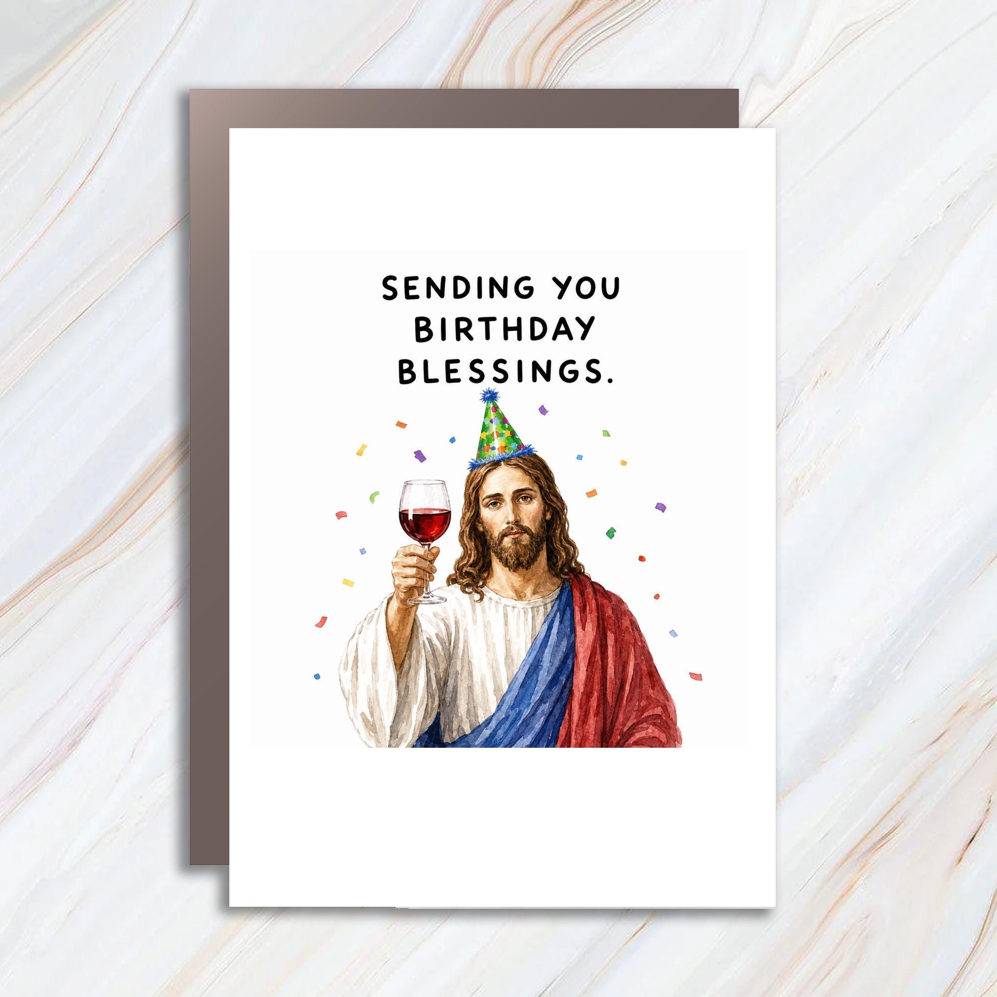 Sending You Birthday Blessings. Funny Birthday Card Jesus Party Hat Wine Religious Celebration Card For Friend C1699