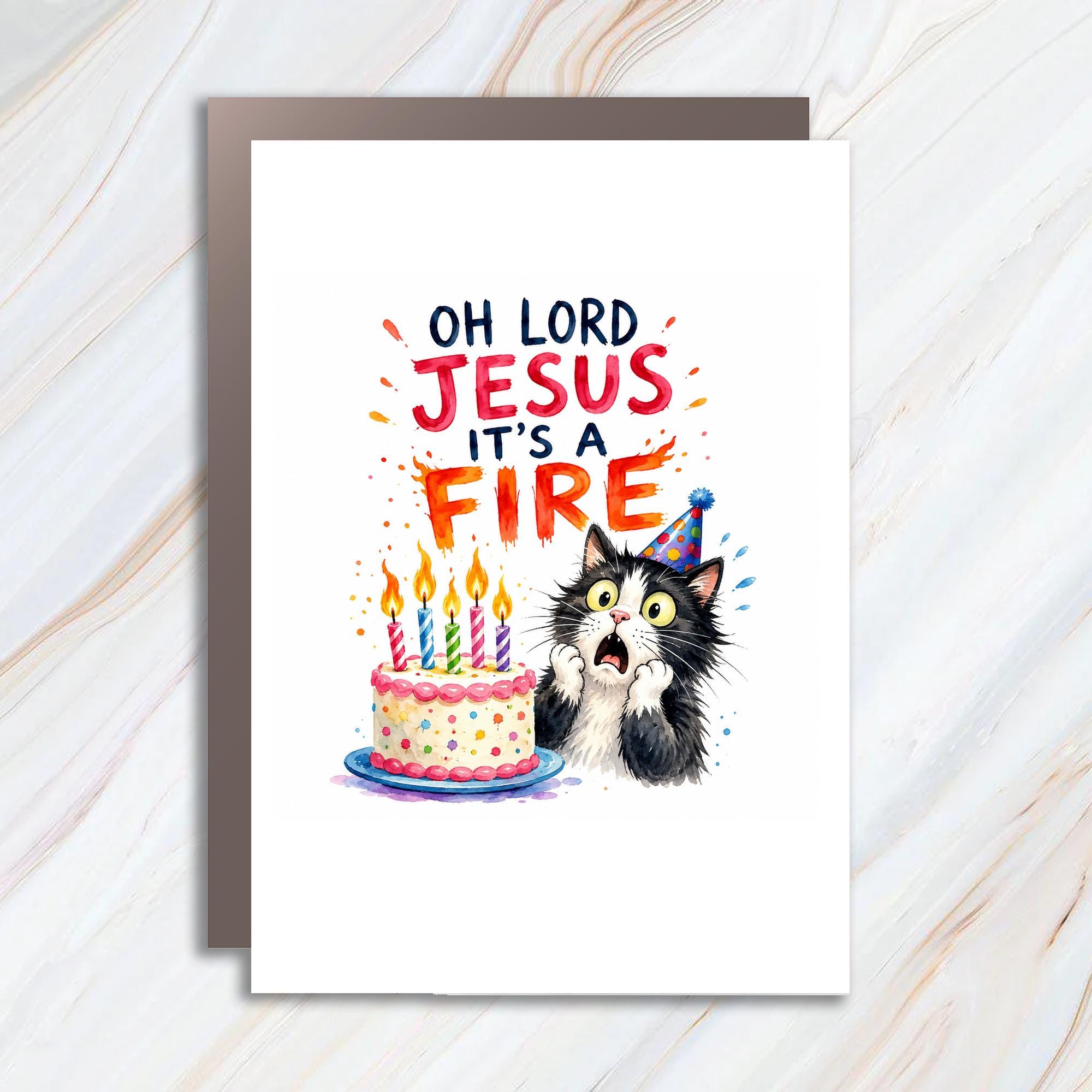 Oh Lord Jesus It's A Fire Funny Birthday Card Cat With Cake Greeting Card For Cat Lover Celebration C1680