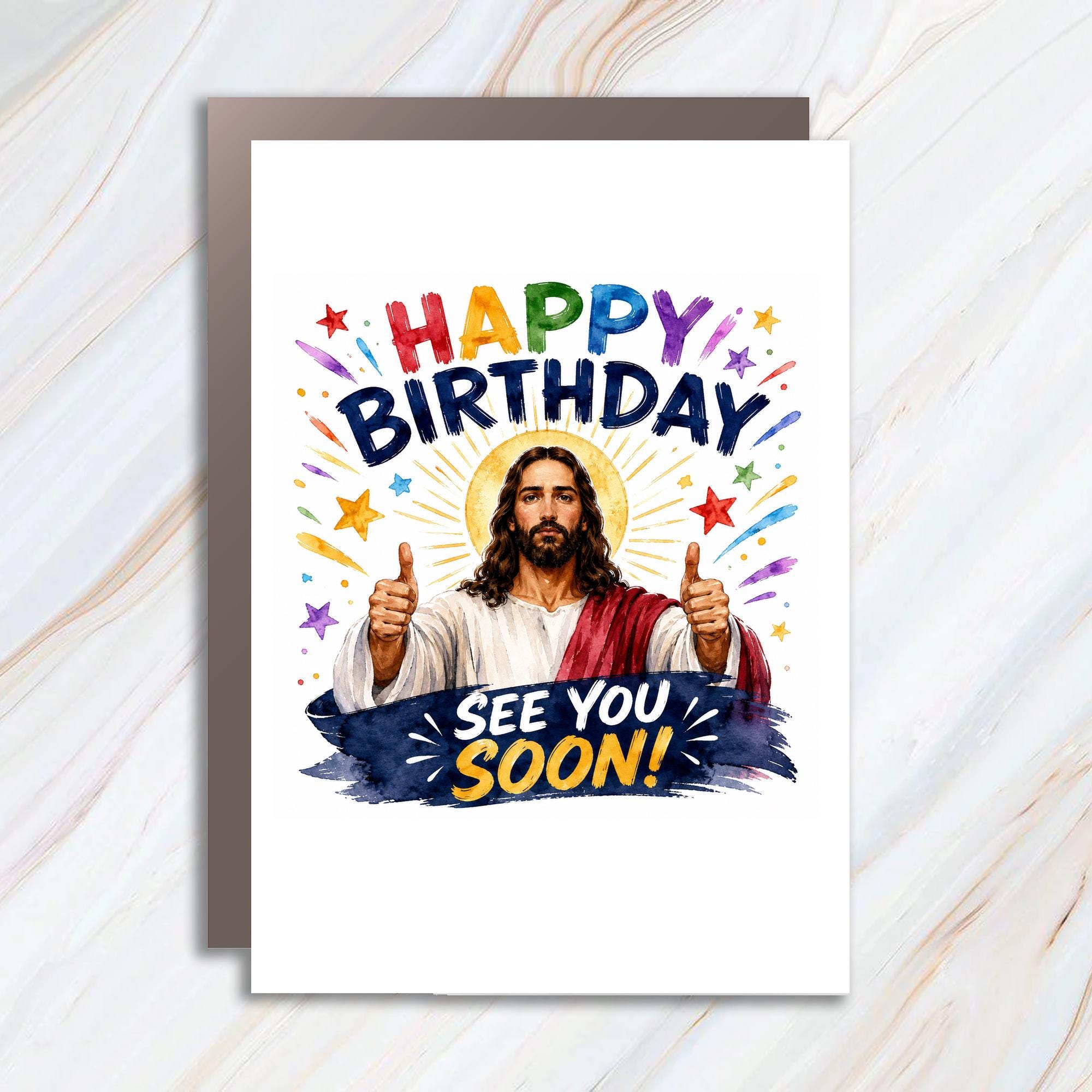 Happy Birthday See You Soon! Funny Birthday Card Jesus Thumbs Up Religious Greeting Card For Friend Celebration C1681