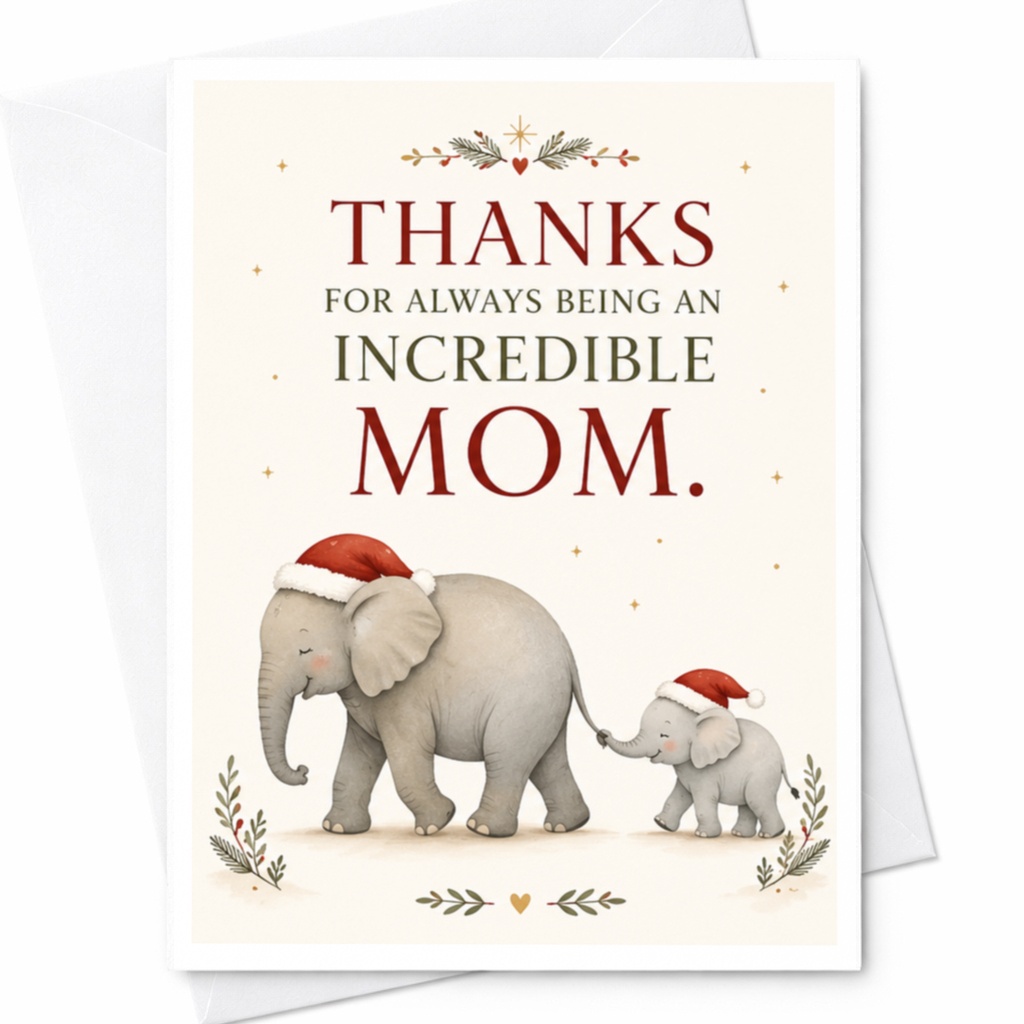 Thanks For Always Being An Incredible Mom Christmas Card Cute Elephants With Santa Hats For Mom From Kids Holiday Greeting Card C6956