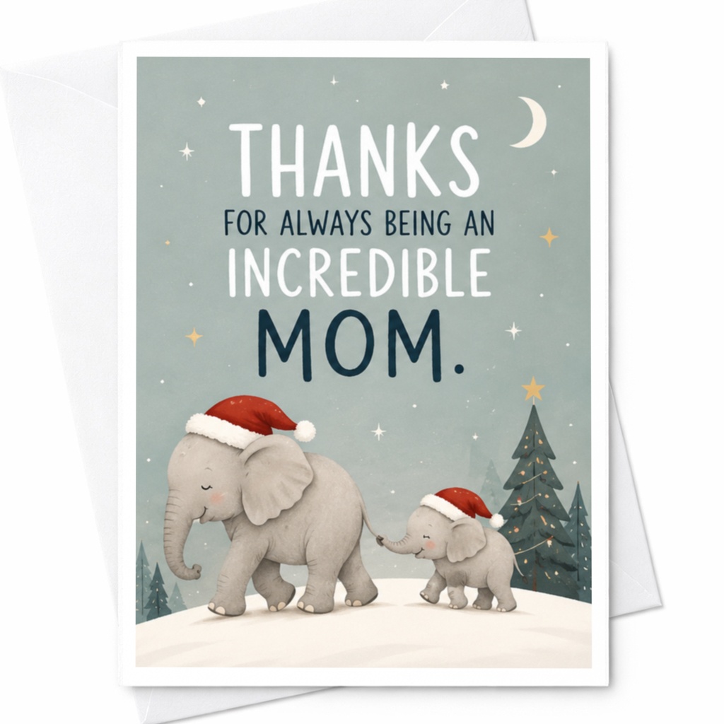 Thanks For Always Being An Incredible Mom Christmas Card Cute Elephant For Mom Holiday Greeting Card From Kids C6957