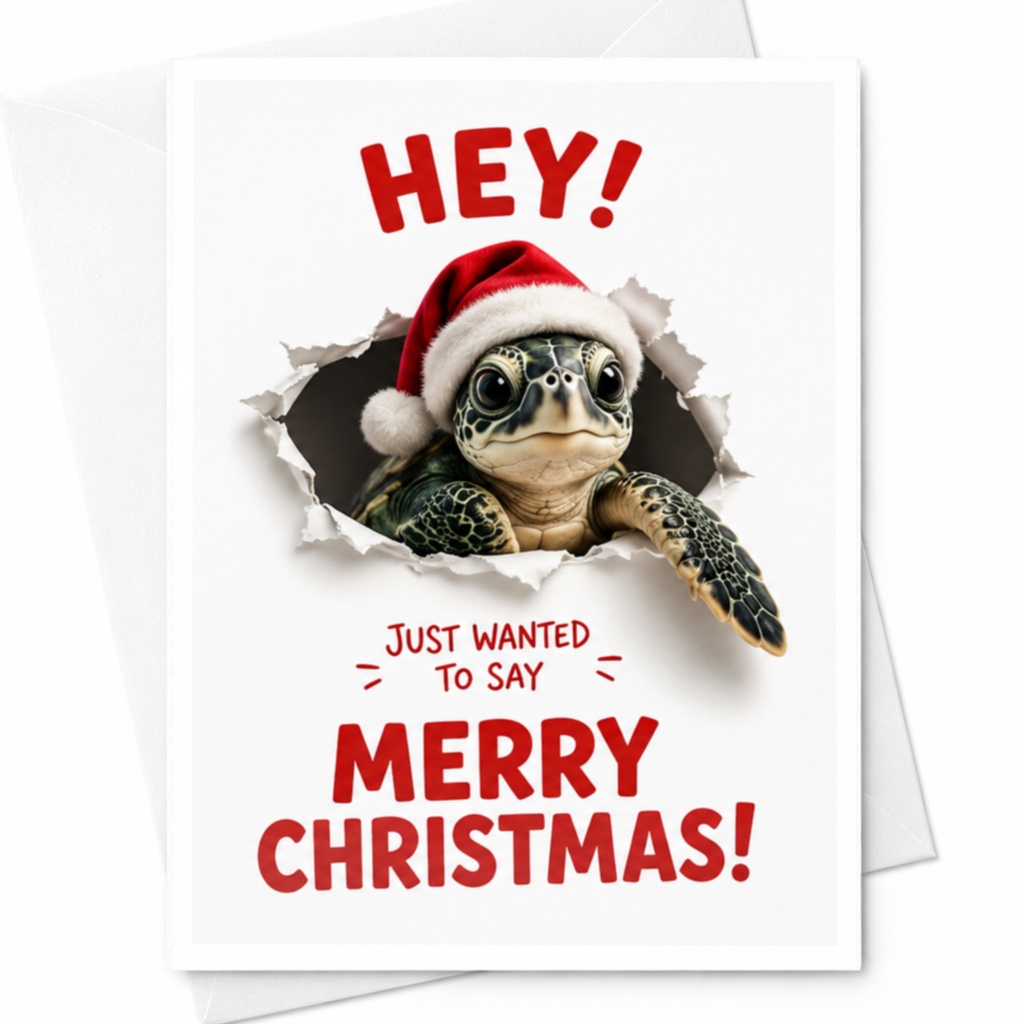 Hey! Just Wanted To Say Merry Christmas! Cute Turtle Christmas Card Funny Holiday Greeting Card Animal Lover Festive Card C6961