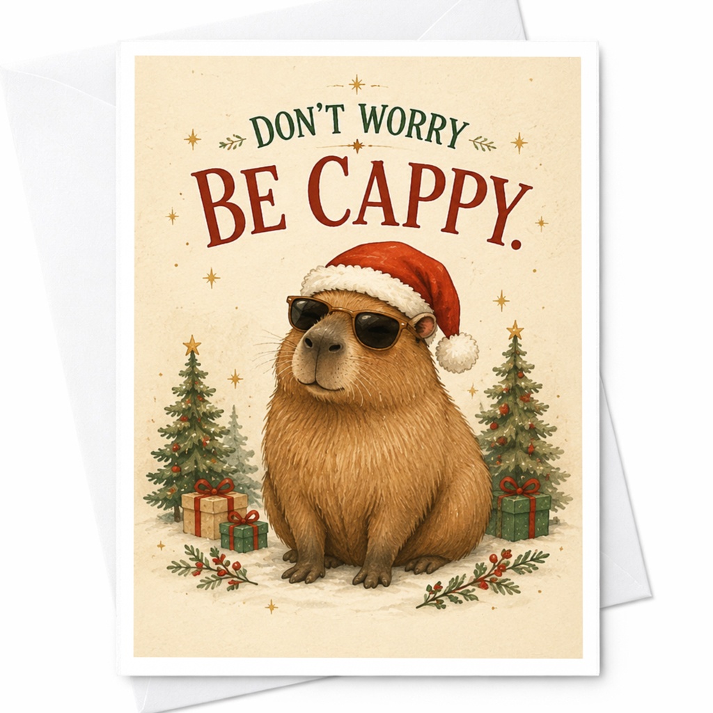 Don't Worry Be Cappy. Funny Christmas Card Capybara With Santa Hat Cute Holiday Greeting Card Animal Lover Xmas Card C6962