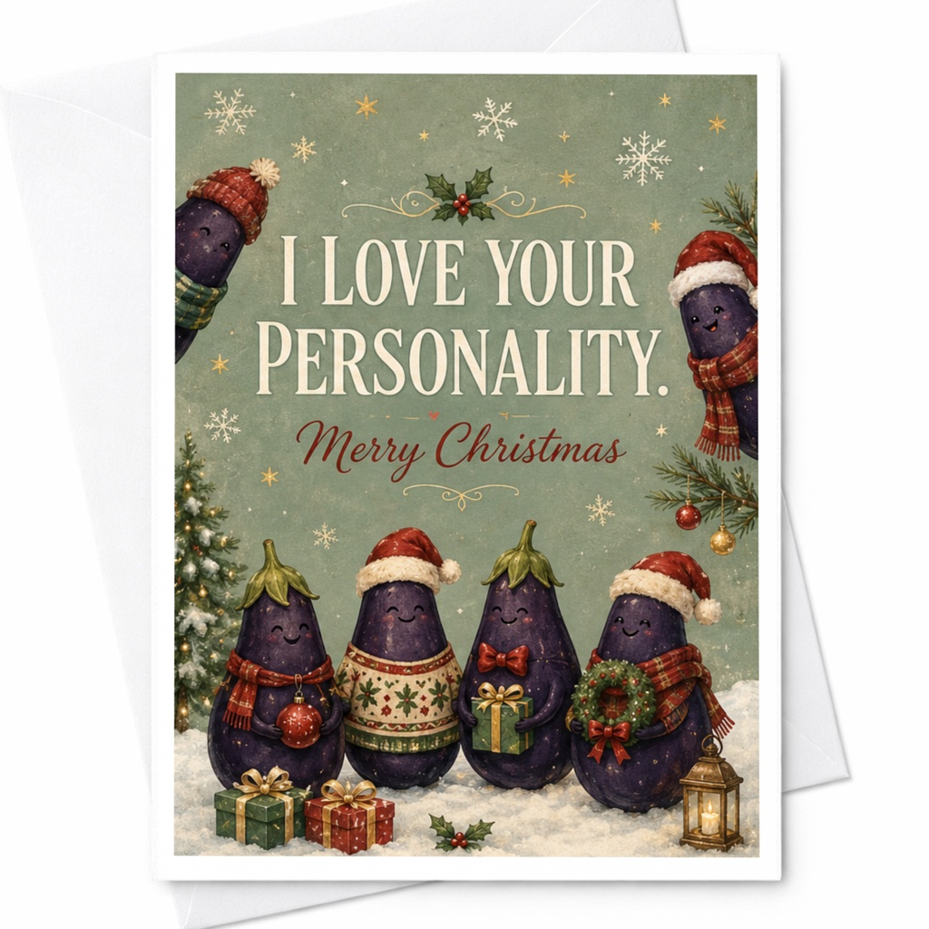 I Love Your Personality. Merry Christmas Funny Christmas Card Cute Eggplant Holiday Greeting Card For Friend Family C6967