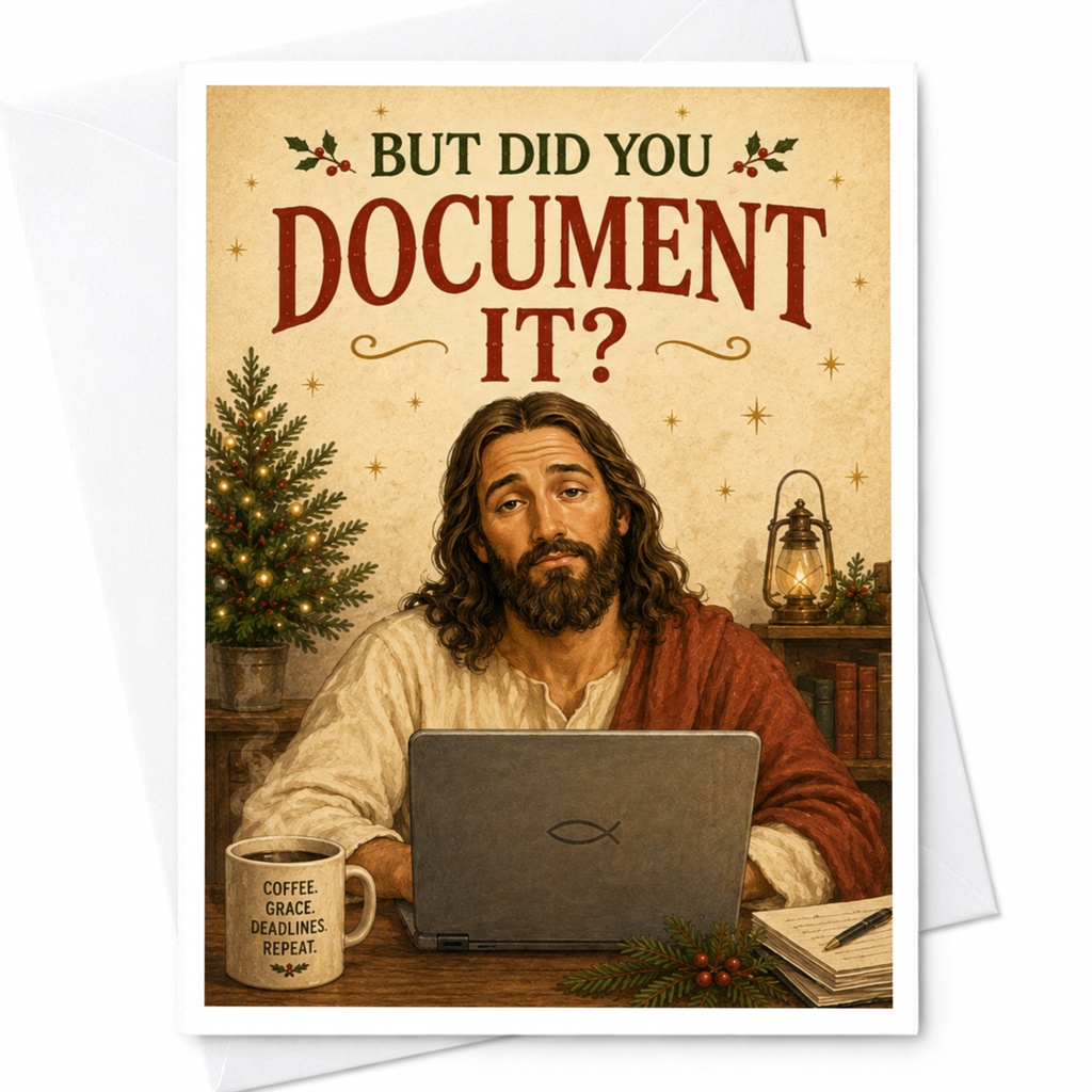But Did You Document It? Funny Christmas Card Jesus With Laptop Holiday Office Greeting Card For Coworker C6974