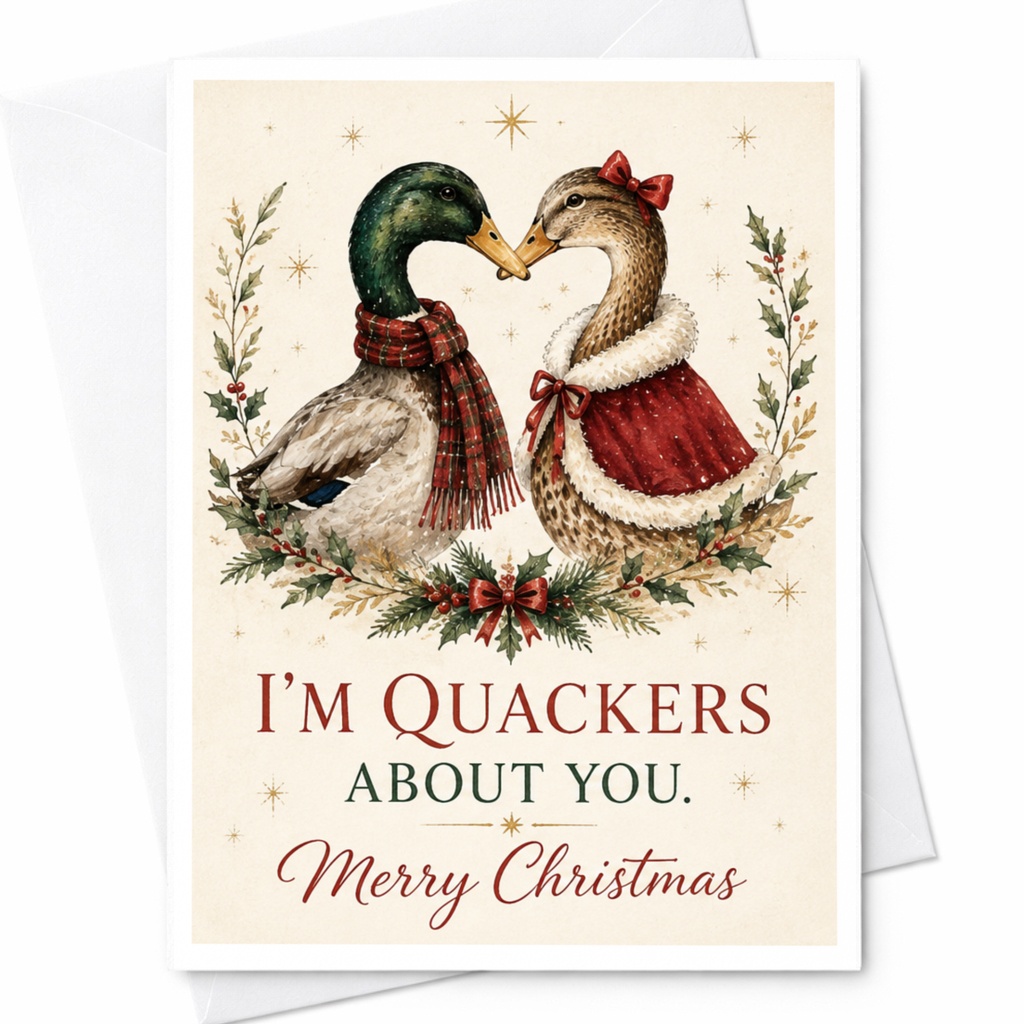 I'm Quackers About You. Merry Christmas Card Cute Ducks Festive Holiday Greeting Card For Couple Animal Lover C6978