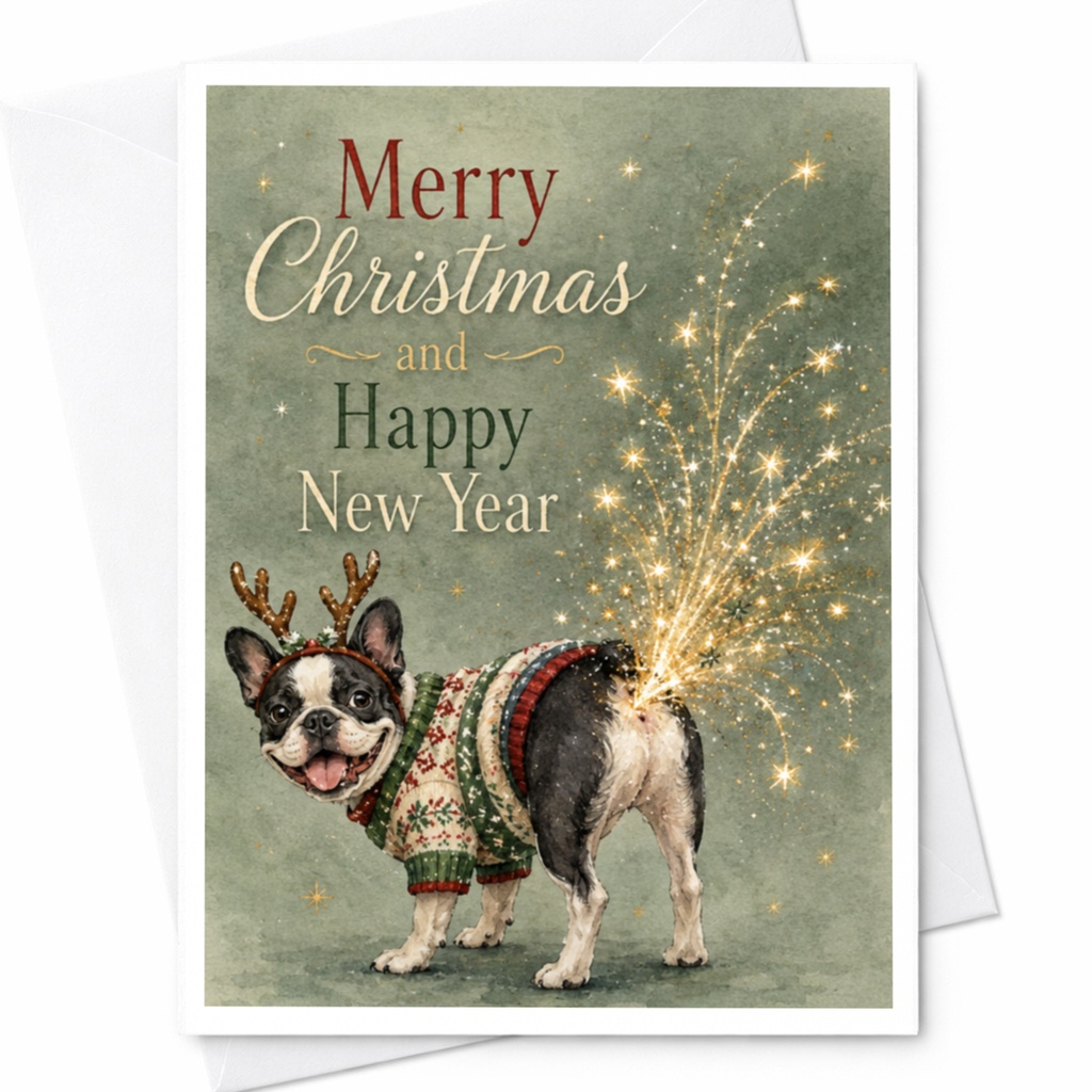 Merry Christmas And Happy New Year Card Cute Dog With Antlers Holiday Greeting Card Festive French Bulldog Xmas Card C6981