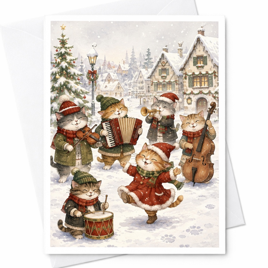 Cats Playing Instruments Christmas Card Cute Winter Scene Holiday Greeting Card For Cat Lover Festive Animal Card C6990