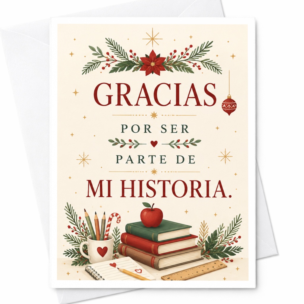 Gracias Por Ser Parte De Mi Historia Thank You Card Festive Books Apple Teacher Appreciation Holiday Card C7002