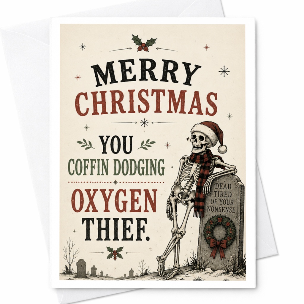 Merry Christmas You Coffin Dodging Oxygen Thief Funny Christmas Card Skeleton Holiday Greeting Card For Friend C7011