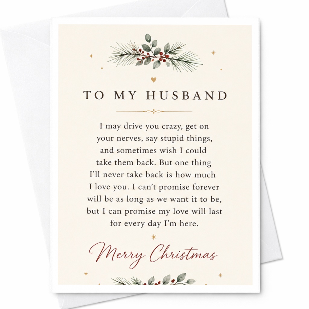 To My Husband Merry Christmas Card Romantic Christmas Card For Husband Sentimental Holiday Card Love Card For Him C7028
