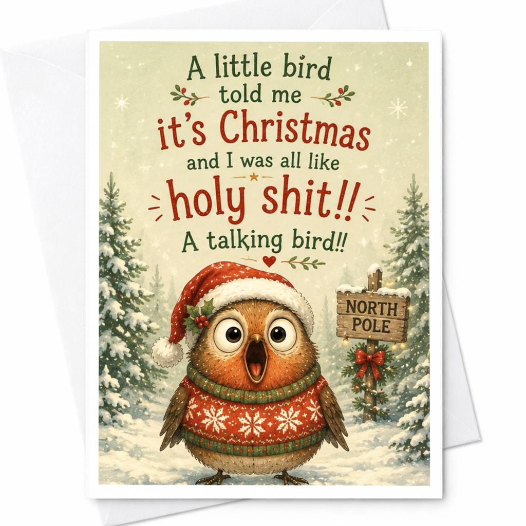 A Little Bird Told Me It's Christmas Funny Christmas Card Owl In Santa Hat Holiday Card For Friends Family C7033