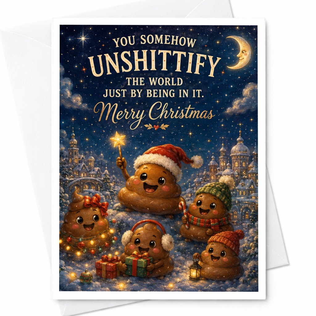 You Somehow Unshitify The World Just By Being In It Merry Christmas Card Funny Holiday Greeting Cute Poop Characters Xmas Card C6959