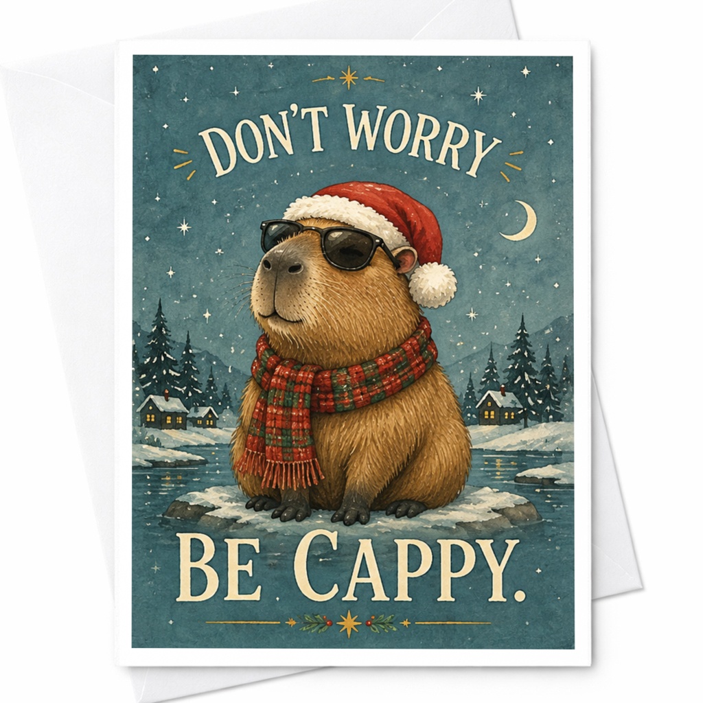 Don't Worry Be Cappy. Funny Christmas Card Capybara With Santa Hat Cute Holiday Greeting Card For Animal Lover C6963