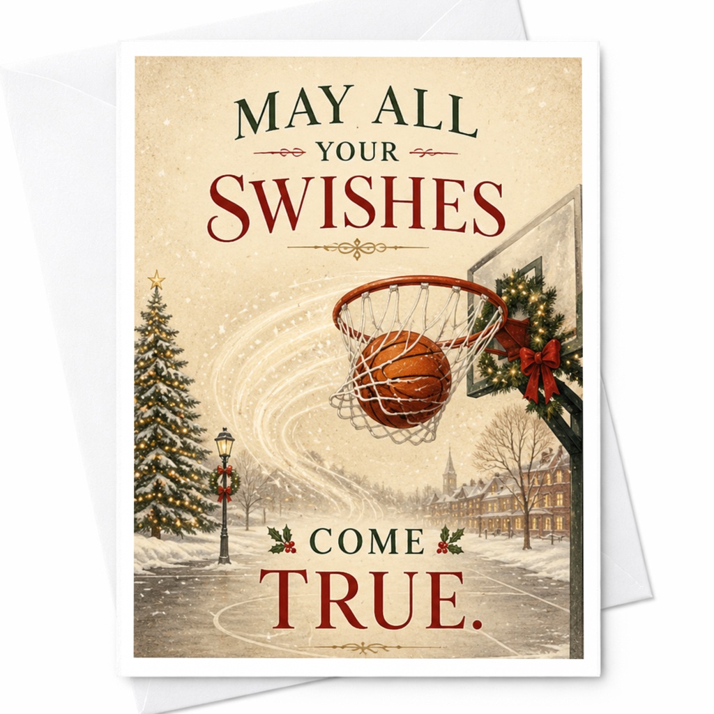May All Your Swishes Come True Christmas Card Basketball Holiday Greeting Card Sports Lover Festive Winter Scene C6964