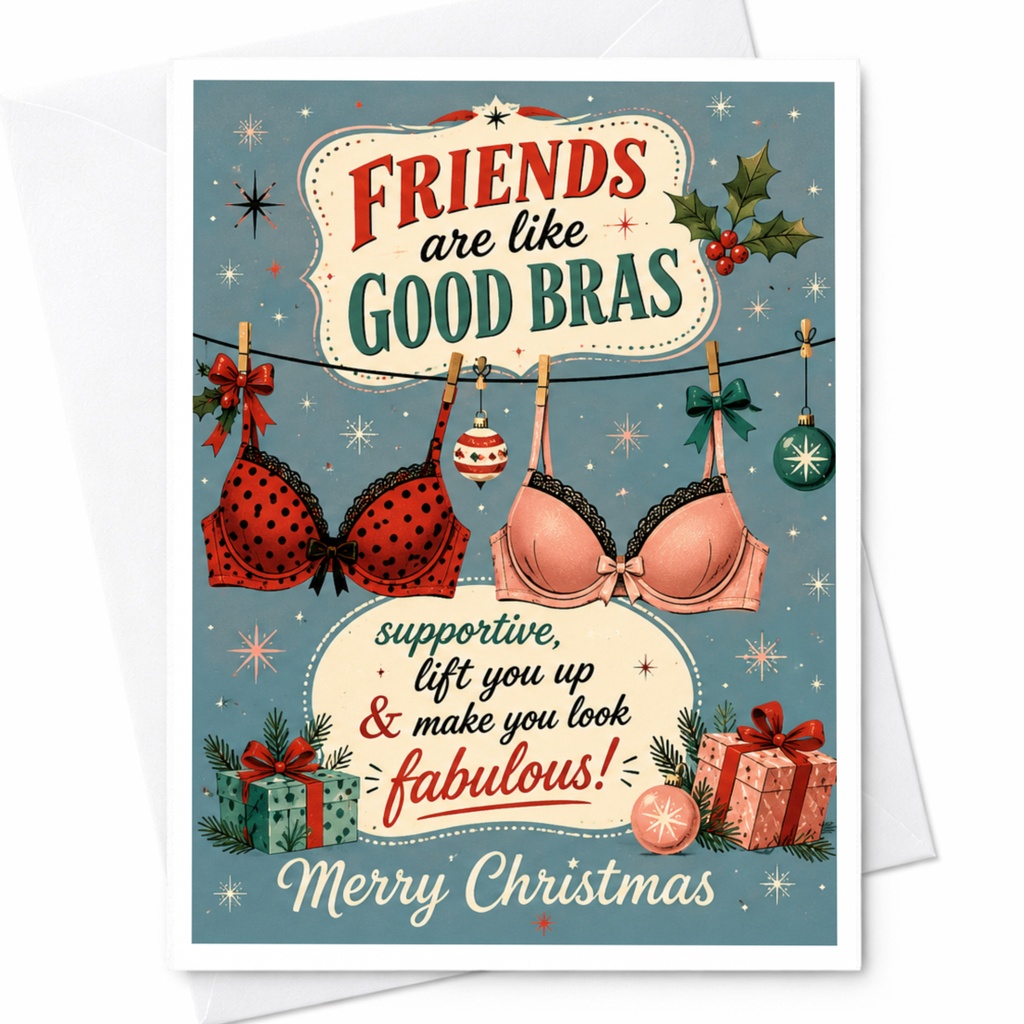 Friends Are Like Good Bras Merry Christmas Card Funny Holiday Greeting Card For Friend Supportive Uplifting Festive Card C7041