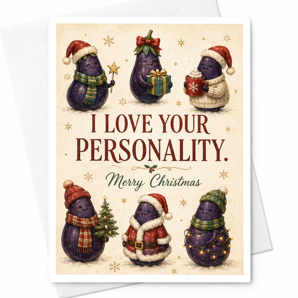 I Love Your Personality. Merry Christmas Funny Christmas Card Cute Eggplant Holiday Greeting Card For Friend Family C6966