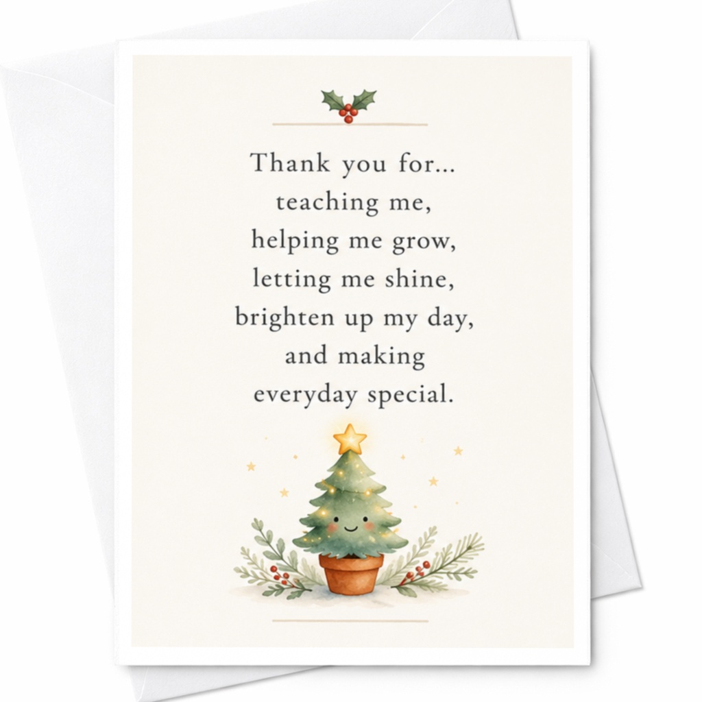 Thank You For Teaching Me Helping Me Grow Christmas Thank You Card Cute Tree Holiday Greeting Card For Teacher Mentor C7046