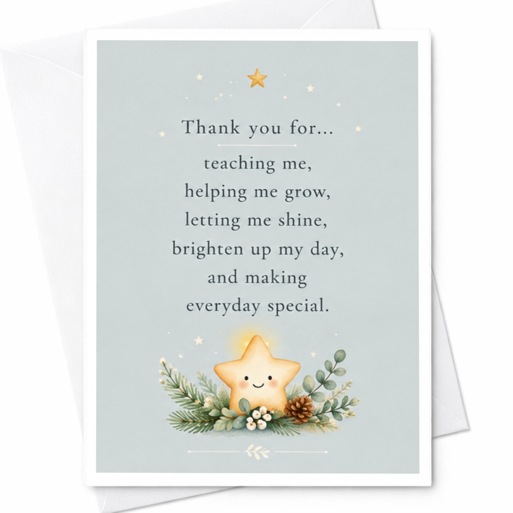 Thank You For Teaching Me Helping Me Grow Card Cute Star Thank You Card Appreciation Card For Teacher Mentor Special Person C7047