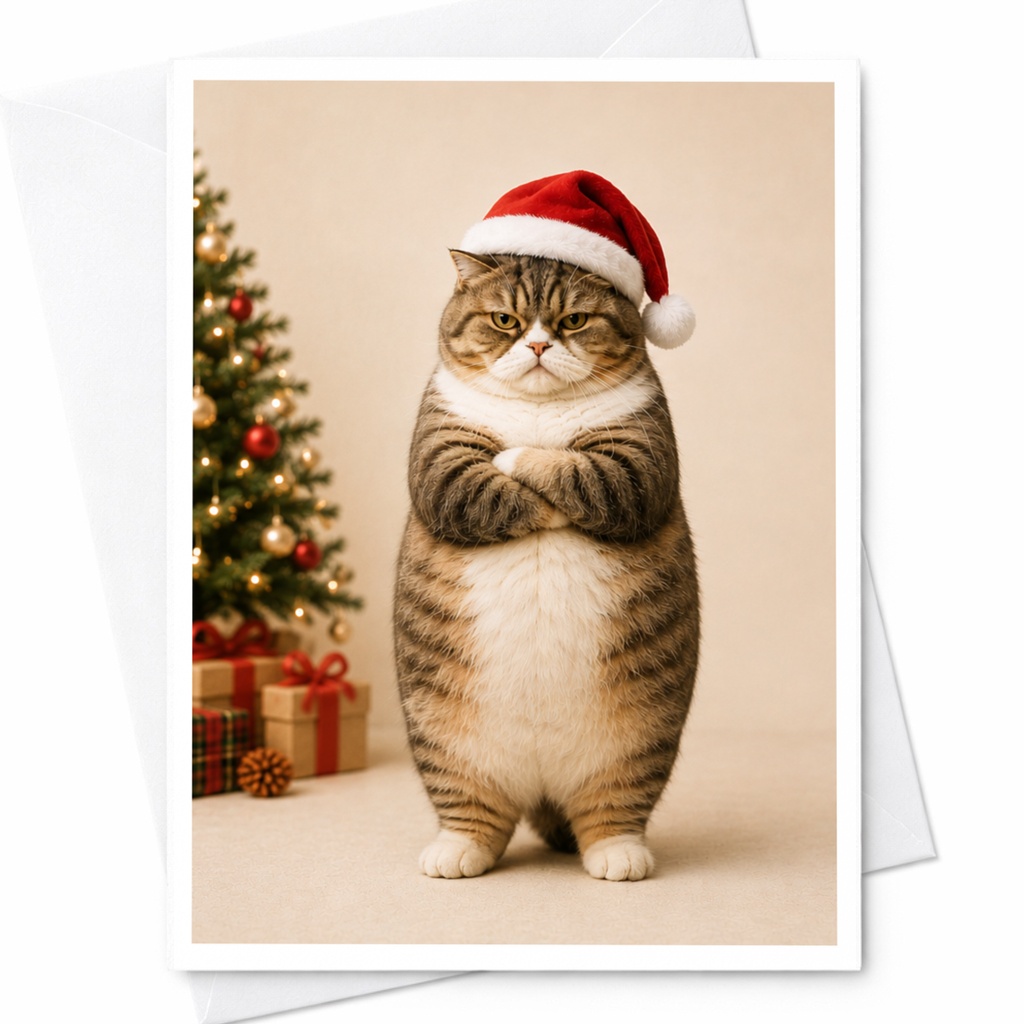 Cat With Santa Hat Christmas Card Cute Holiday Greeting Card For Cat Lovers Festive Animal Card With Christmas Tree C6972