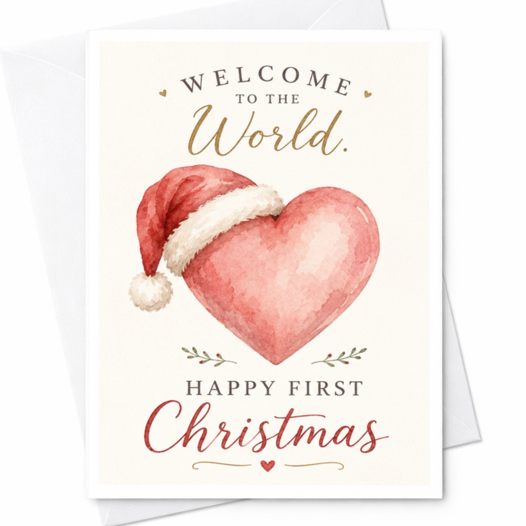 Welcome To The World. Happy First Christmas Card New Baby Holiday Greeting Cute Heart Santa Hat Watercolor Xmas Card C6976