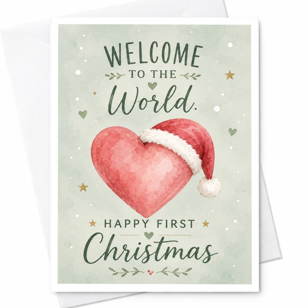 Welcome To The World Happy First Christmas Card New Baby's First Christmas Cute Heart Santa Hat Holiday Card C6977
