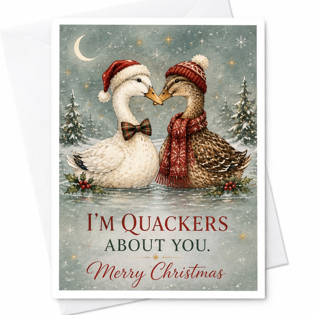 I'm Quackers About You. Merry Christmas Card Cute Ducks Winter Holiday Card For Couple Funny Animal Christmas Card C6979