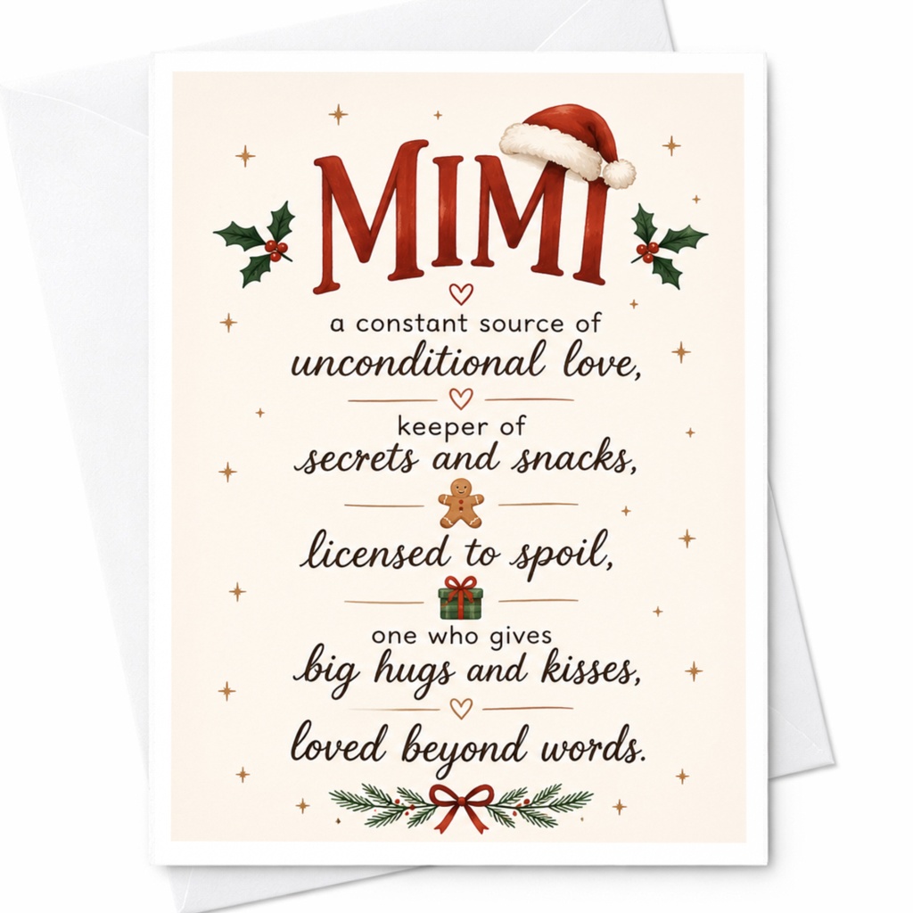 Mimi Christmas Card Unconditional Love Holiday Greeting Card For Grandma Cute Festive Card With Holly Santa Hat C6986
