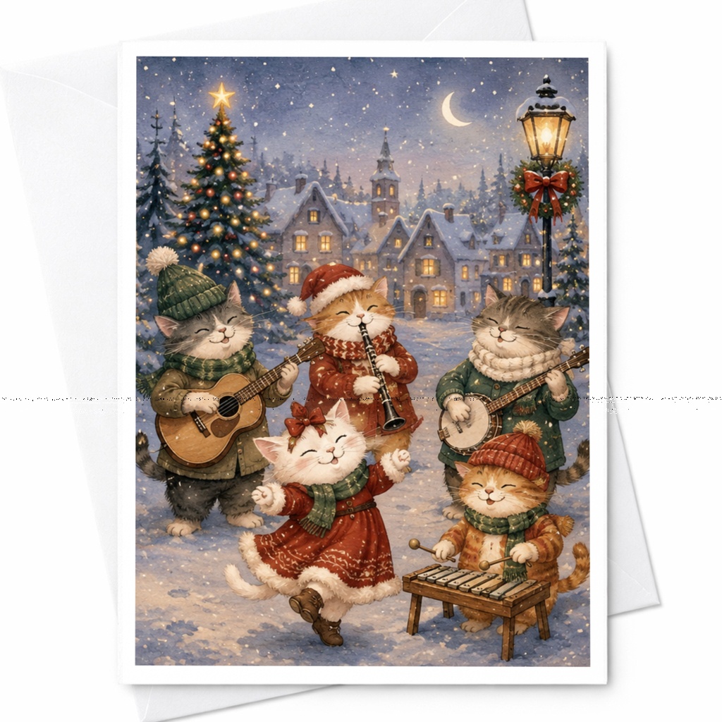 Festive Cats Playing Instruments Christmas Card Cute Holiday Greeting Card For Cat Lover Winter Scene Adorable Animal Card C6991