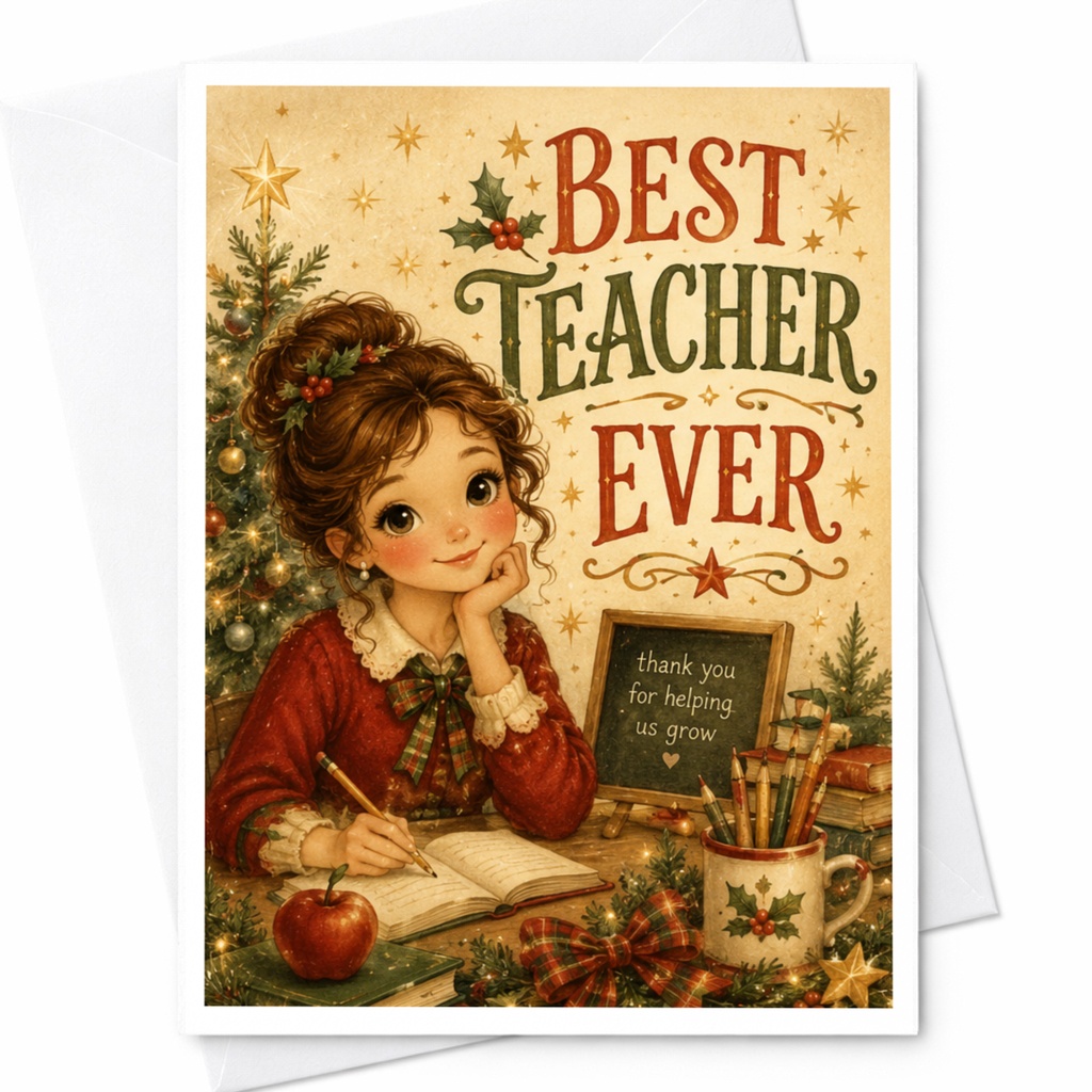 Best Teacher Ever Holiday Greeting Card Teacher Appreciation Christmas Card Cute Festive Thank You Card For Teacher C6998