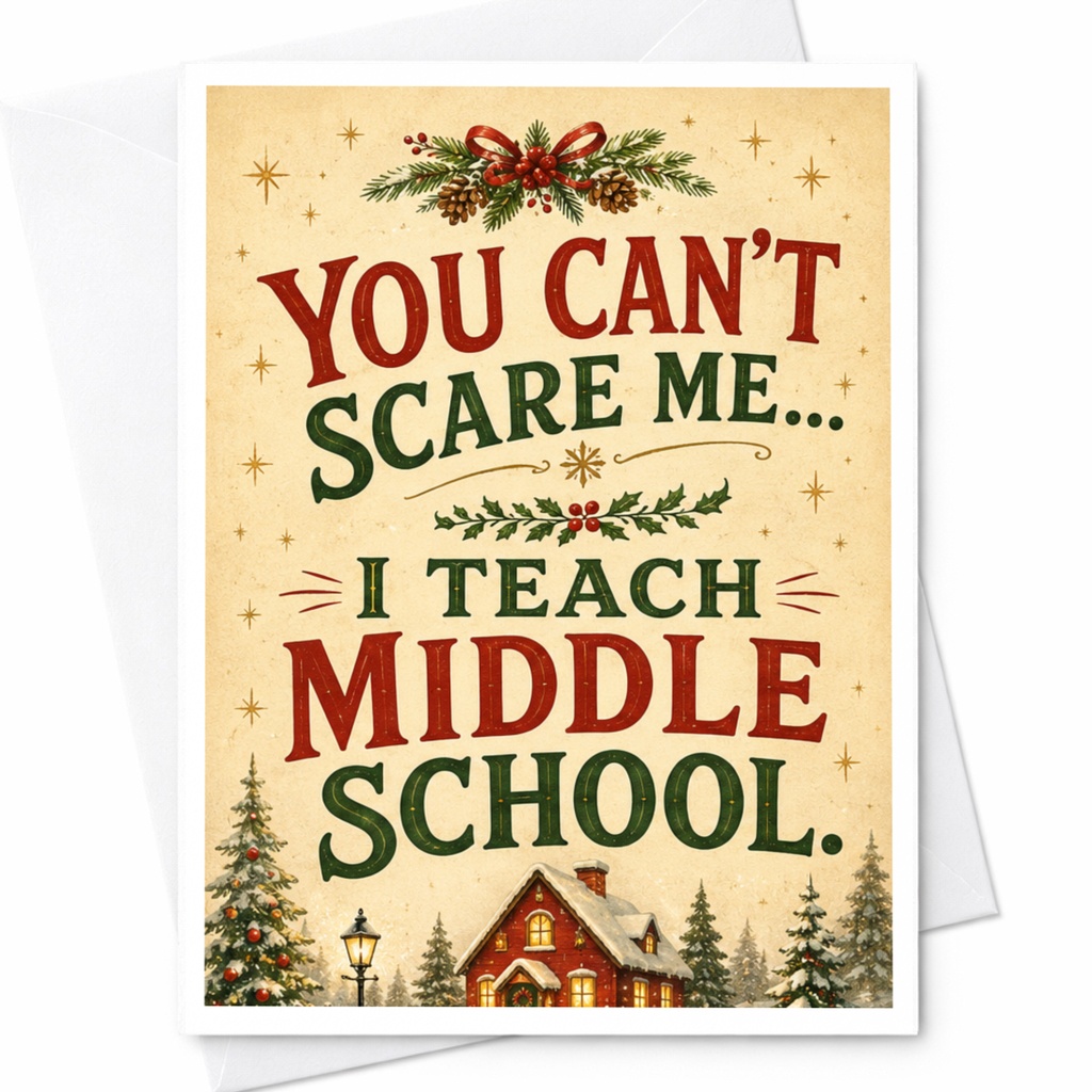 You Can't Scare Me... I Teach Middle School. Funny Christmas Card Teacher Holiday Greeting Card Festive School Theme C7000
