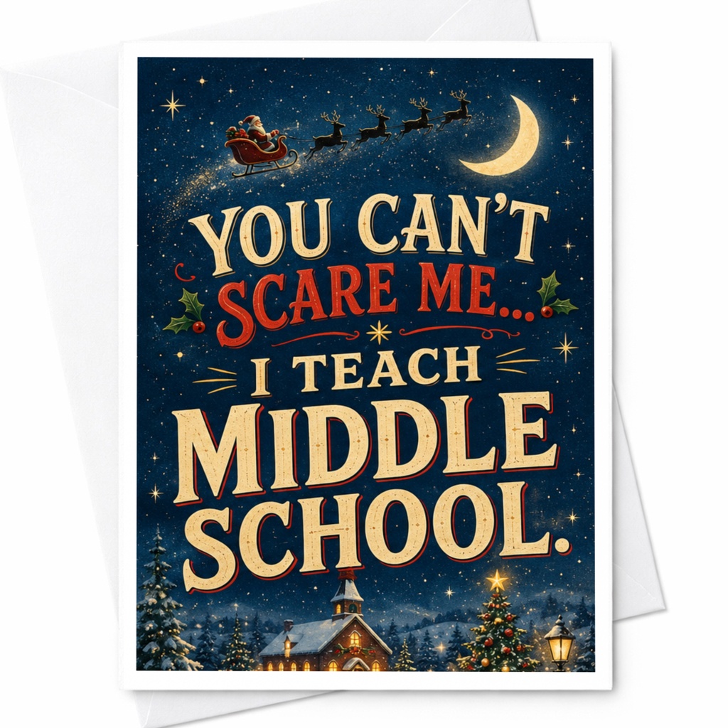 You Can't Scare Me... I Teach Middle School Christmas Card Funny Teacher Holiday Card Santa Sleigh Moon Middle School Teacher C7001