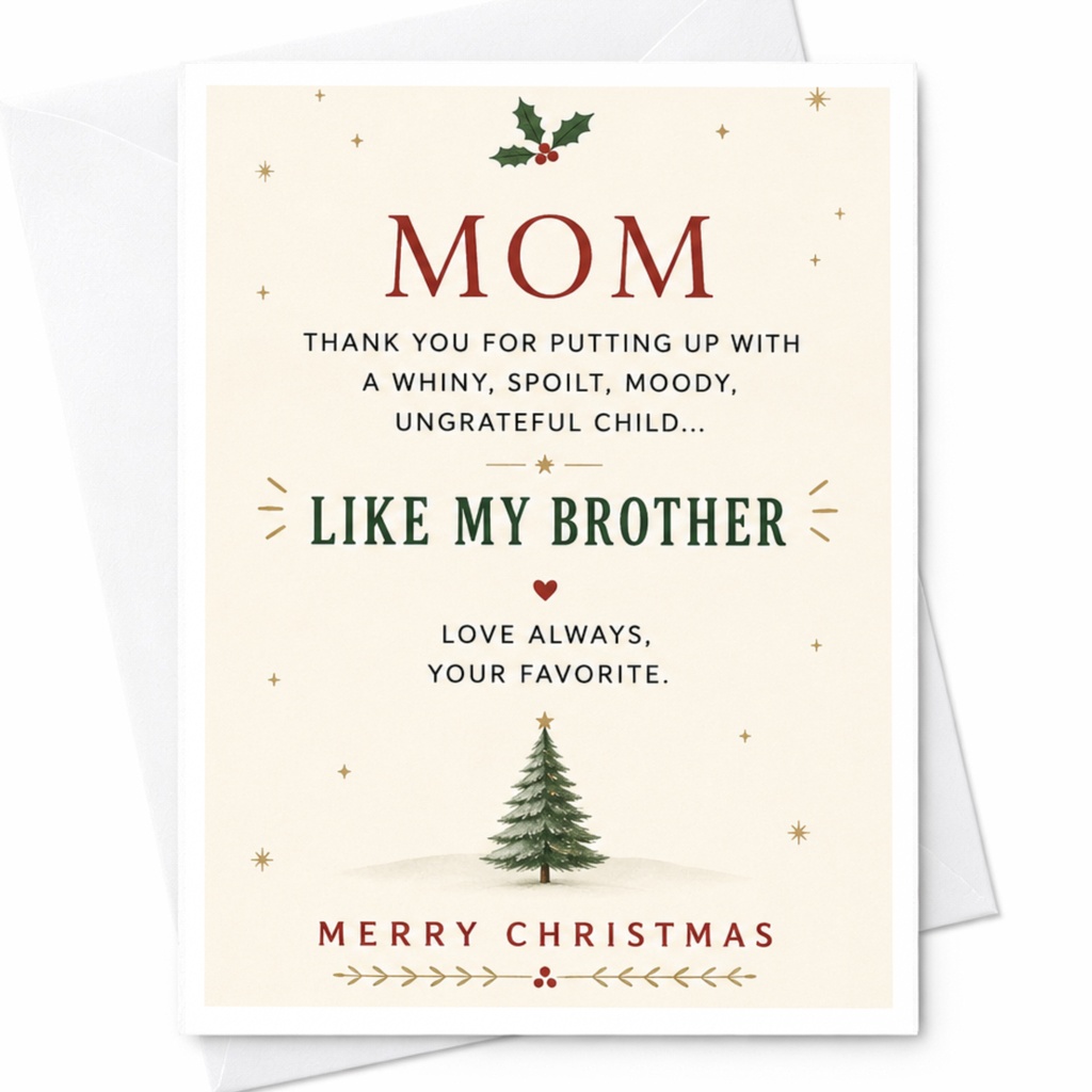 Mom Thank You For Putting Up With A Whiny Spoilt Child Like My Brother Christmas Card Funny Holiday Card For Mom From Favorite C7004