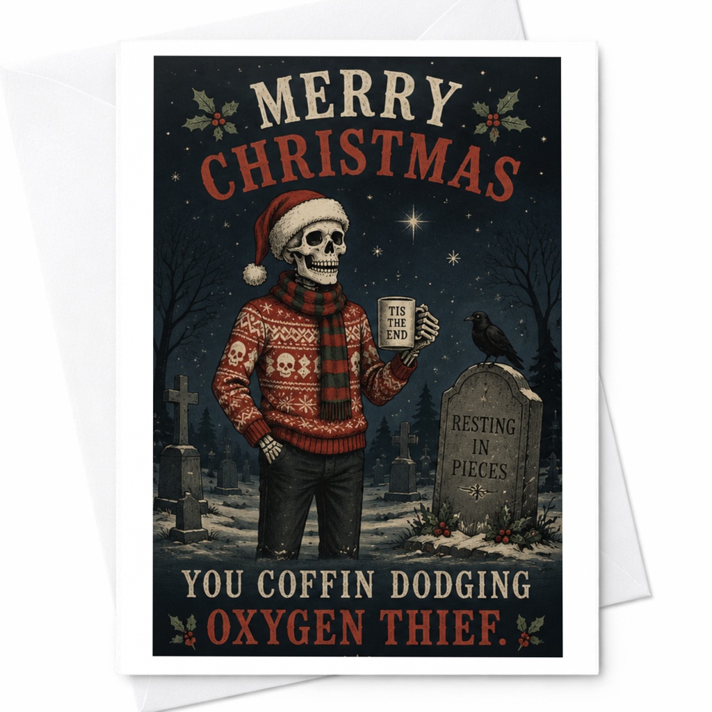Merry Christmas You Coffin Dodging Oxygen Thief Funny Christmas Card Skeleton Dark Holiday Greeting Card C7010