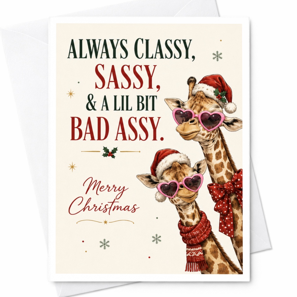 Always Classy, Sassy, & A Lil Bit Bad Assy. Merry Christmas Card Funny Holiday Giraffe Card Cute Animal Christmas Card For Friends C7016