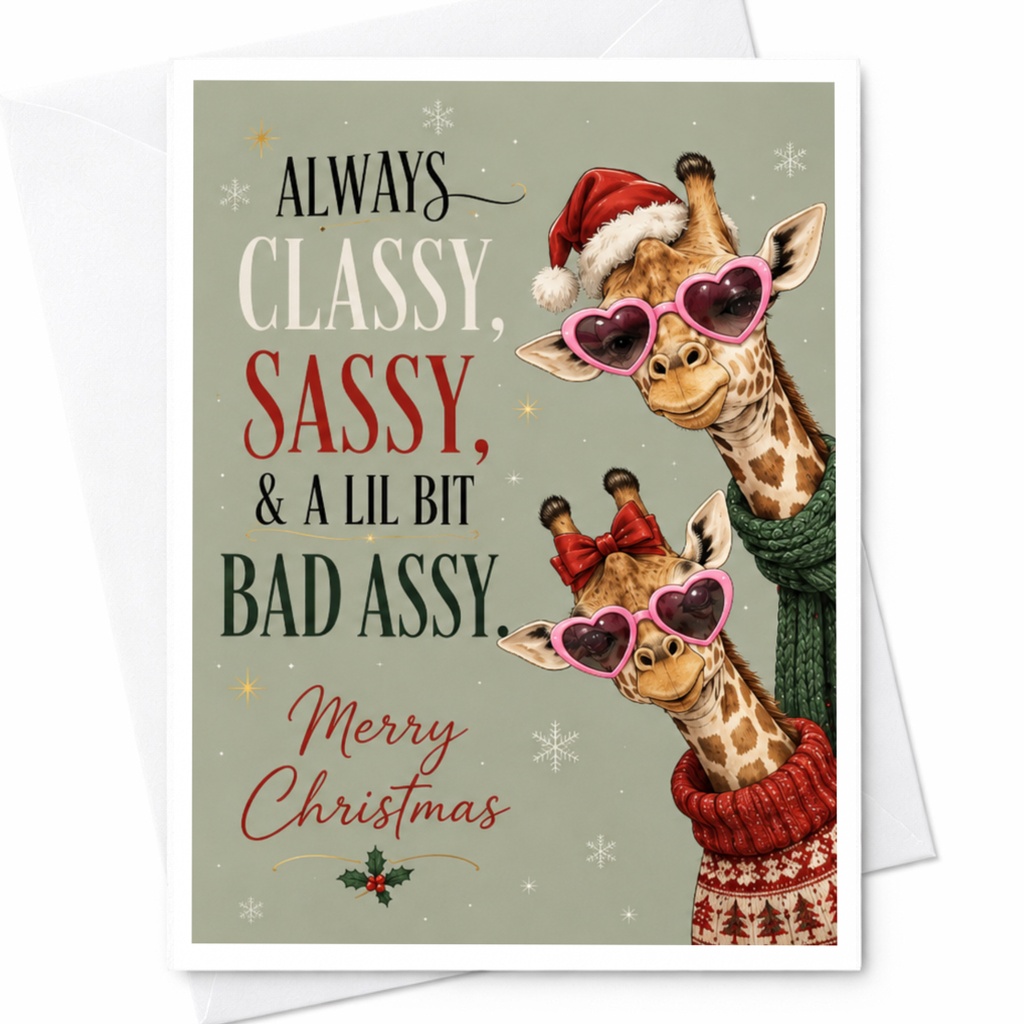 Always Classy, Sassy, & A Lil Bit Bad Assy Merry Christmas Card Funny Holiday Greeting Giraffes With Sunglasses Cute Animal C7017
