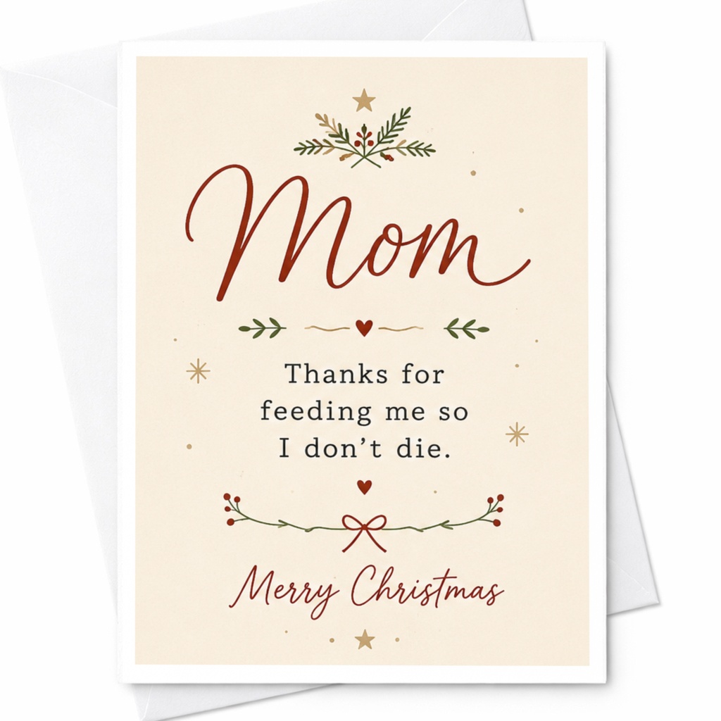 Mom Thanks For Feeding Me So I Don’t Die Merry Christmas Card Funny Holiday Card For Mom Cute Xmas Card From Kids C7024