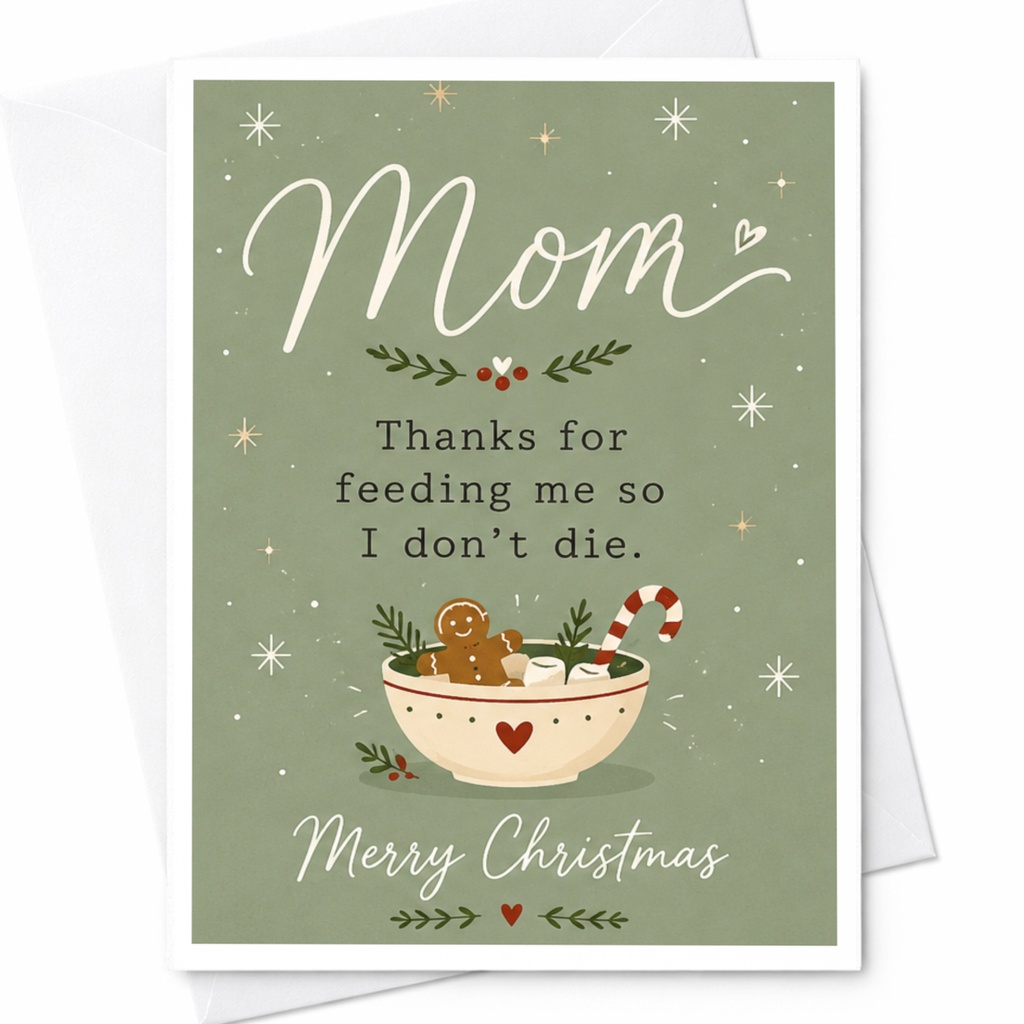 Mom Thanks For Feeding Me So I Don't Die Merry Christmas Card Funny Holiday Greeting For Mom Cute Gingerbread C7025