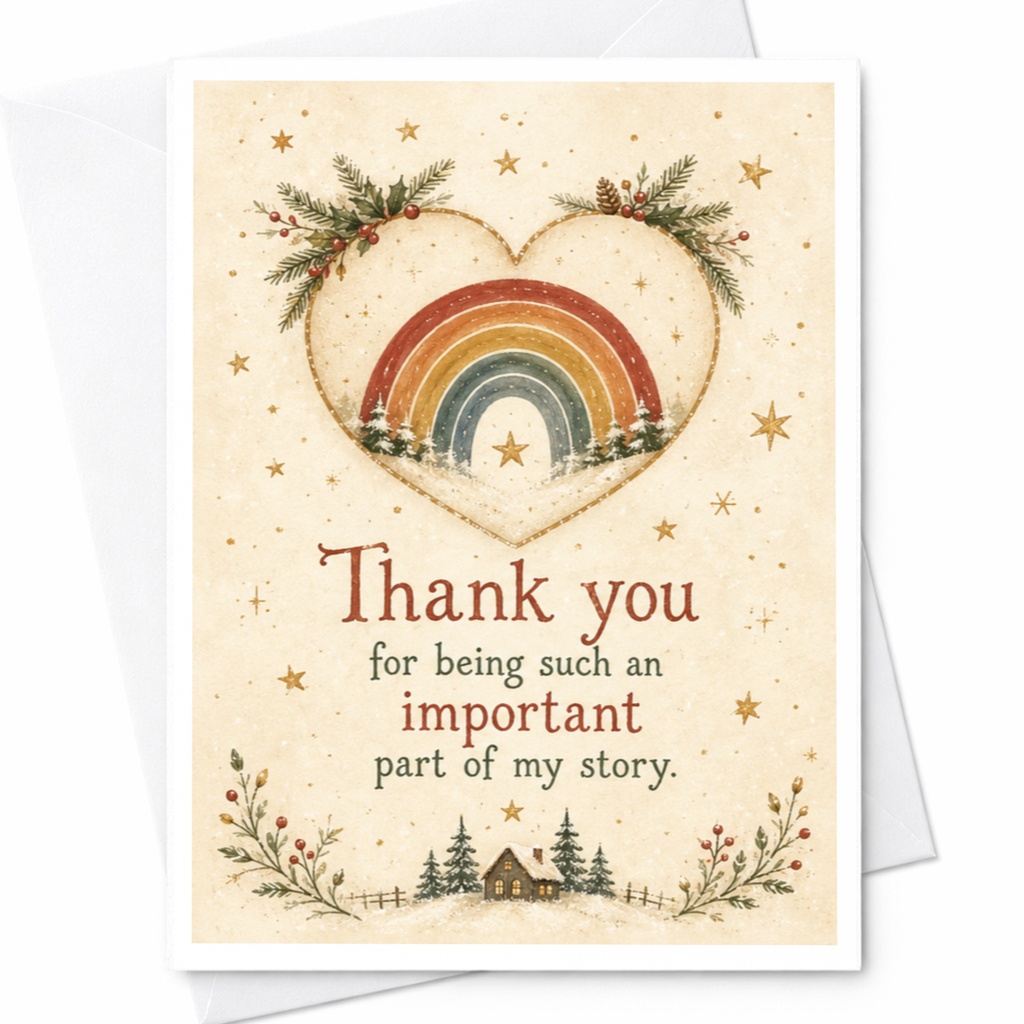 Thank You For Being Such An Important Part Of My Story Heart Rainbow Thank You Card Winter Scene Appreciation Card C7030
