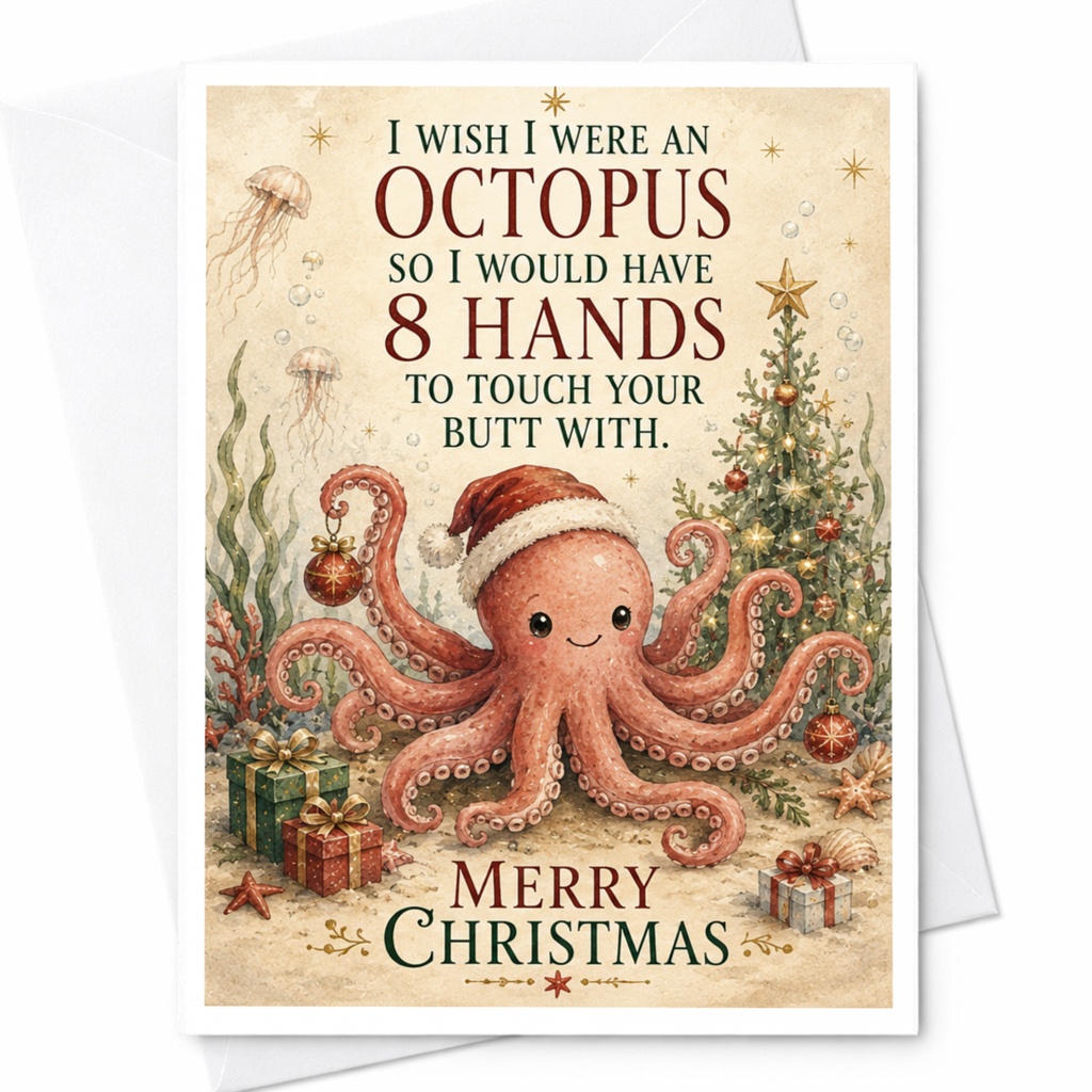 I Wish I Were An Octopus Funny Christmas Card Cute Octopus Holiday Card For Partner Xmas Card With Santa Hat C7036