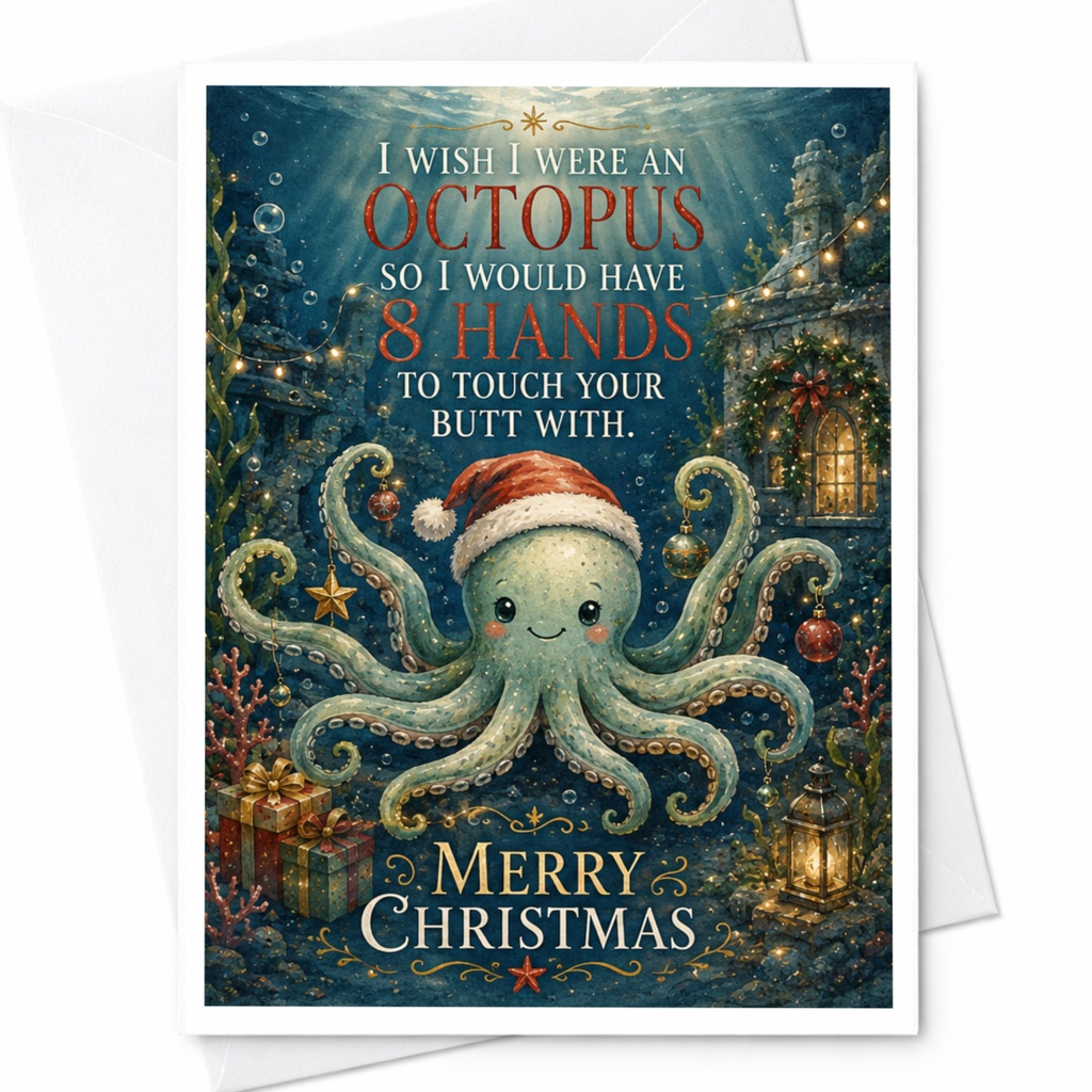 I Wish I Were An Octopus Funny Christmas Card Cute Octopus With Santa Hat Holiday Greeting Card For Him Her Xmas Card C7037