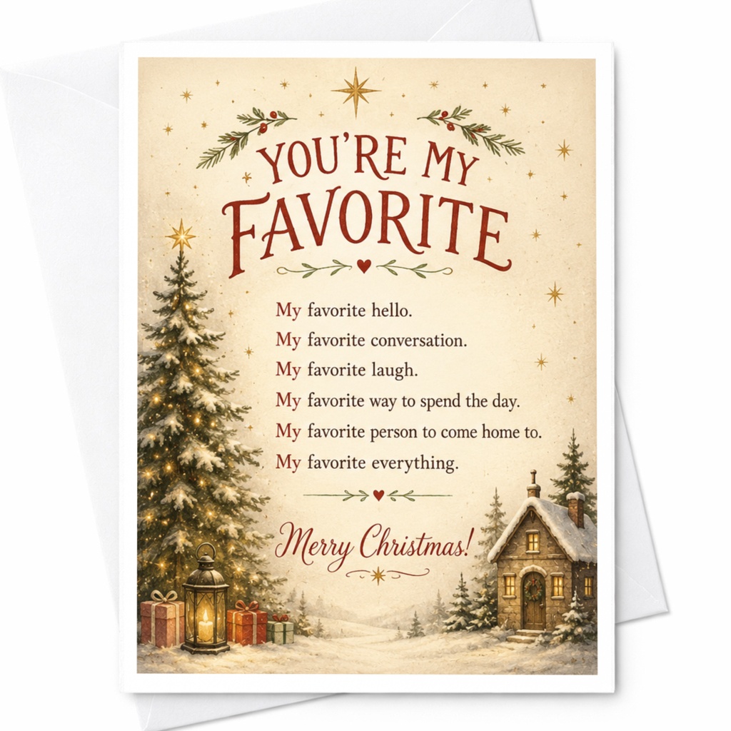You're My Favorite Merry Christmas Card Festive Holiday Greeting Card For Loved One Winter Scene With Trees Cozy House C7038