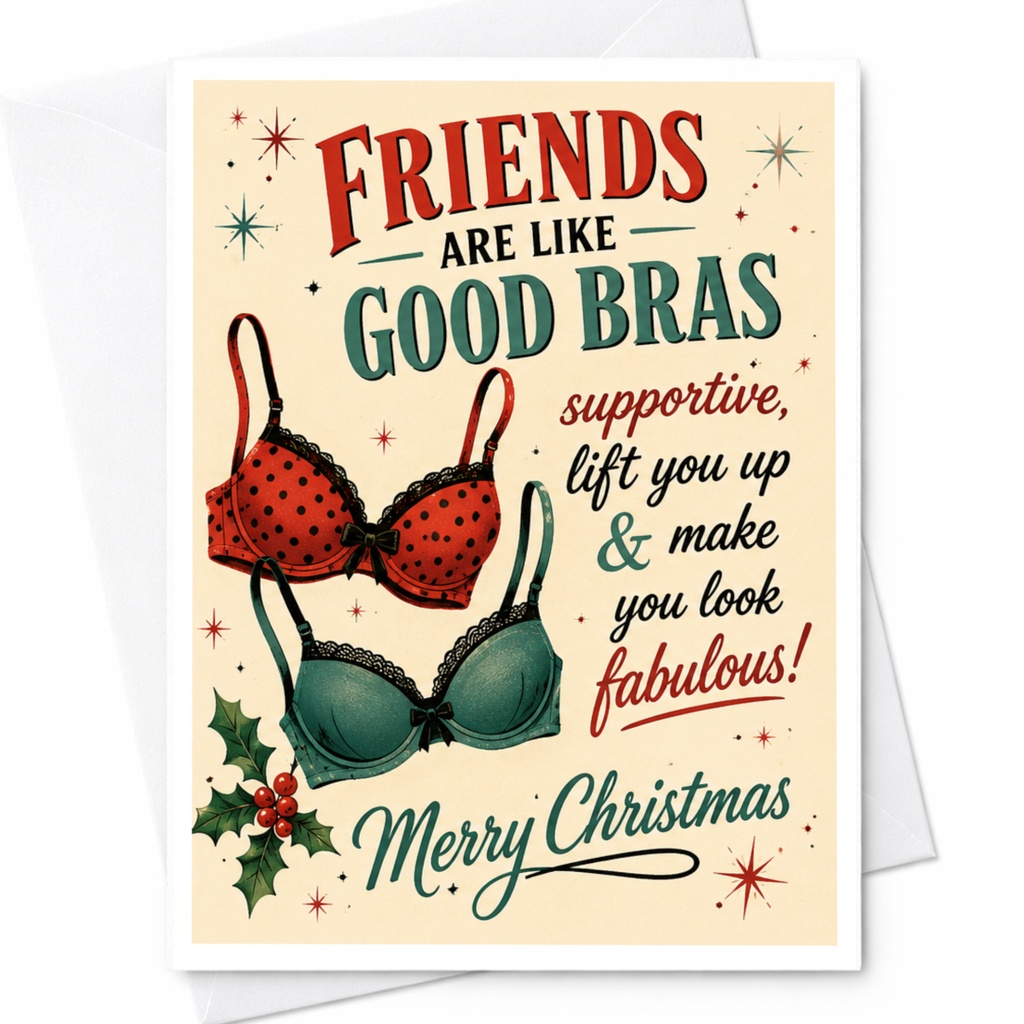Friends Are Like Good Bras Christmas Card Funny Holiday Greeting Supportive Friends Lift You Up Make You Look Fabulous C7040