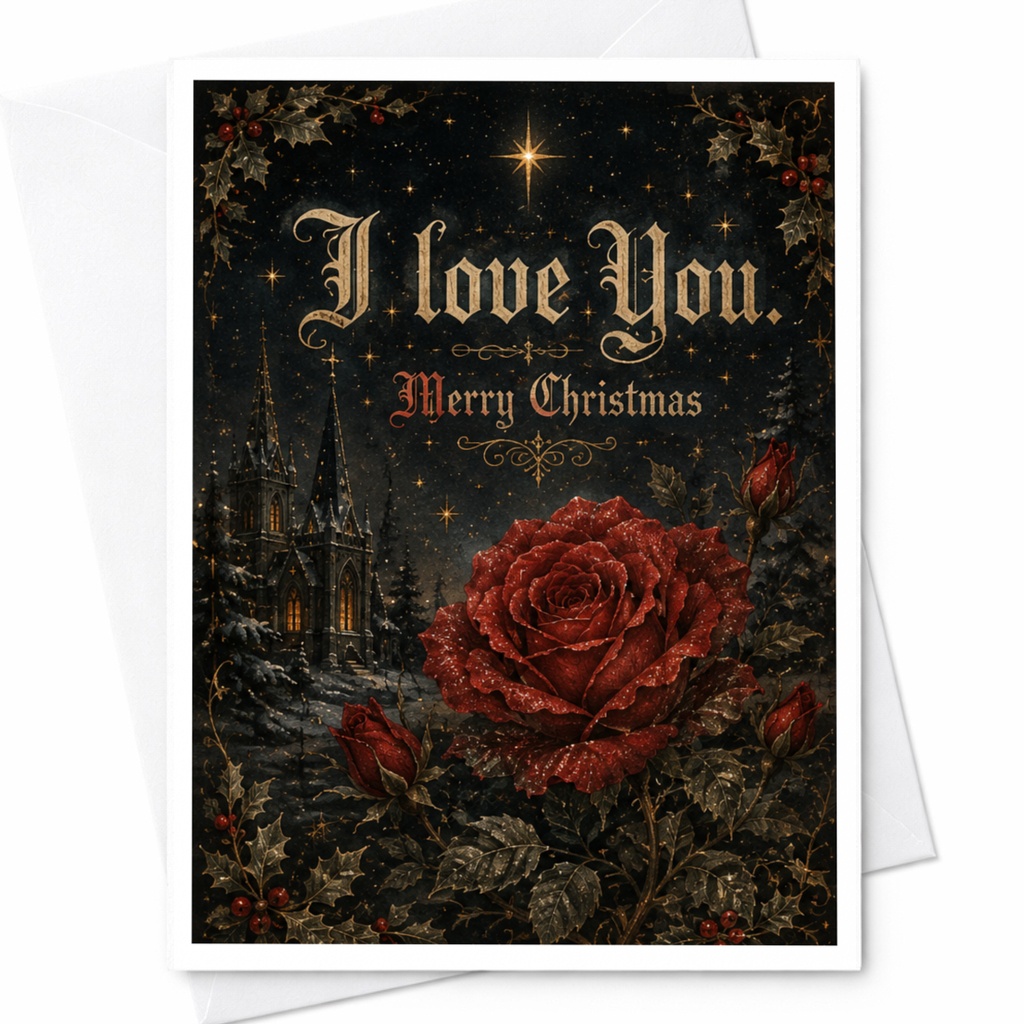 I Love You. Merry Christmas Romantic Christmas Card Red Rose Gothic Holiday Card For Her Him Festive Greeting Card C7042